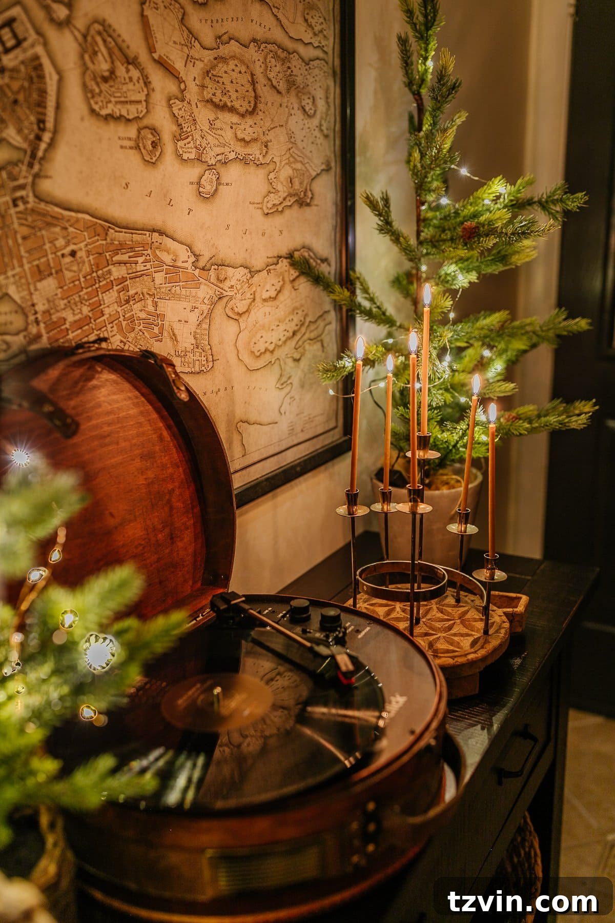 Holiday Glow Home Showcase 26 Charming candlelight Christmas decor featuring a vintage record player, blending nostalgic elements with festive cheer.