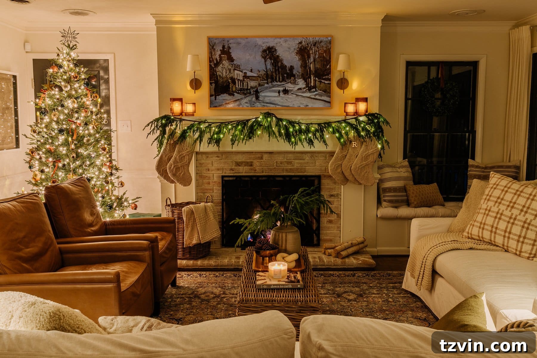 Holiday Glow Home Showcase 29 A beautifully decorated Christmas living room at night, bathed in the soft, ambient glow of twinkling lights and candlelight.