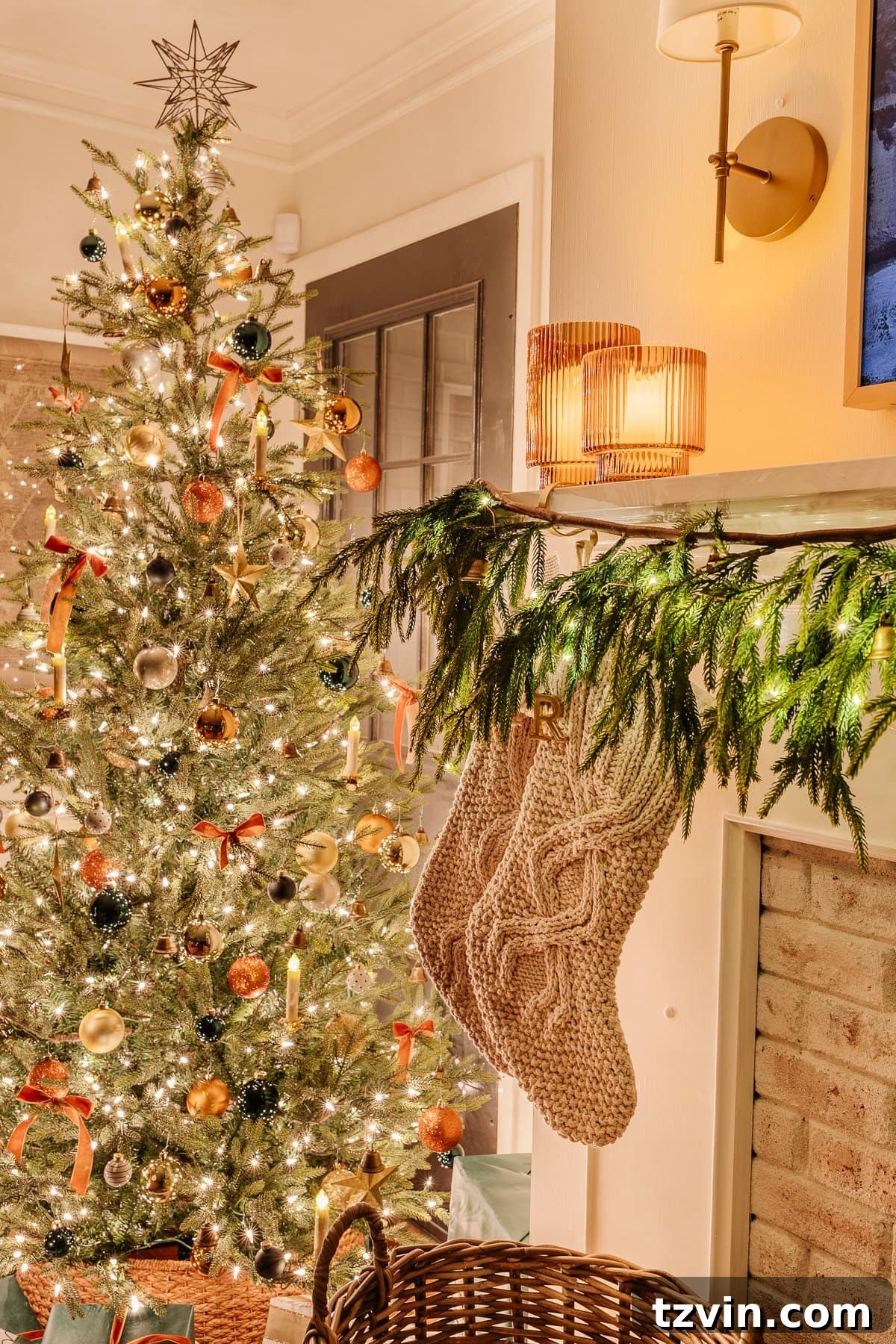 Holiday Glow Home Showcase 33 A serene candlelight living room at Christmas, featuring a beautifully decorated tree and cozy holiday accents.