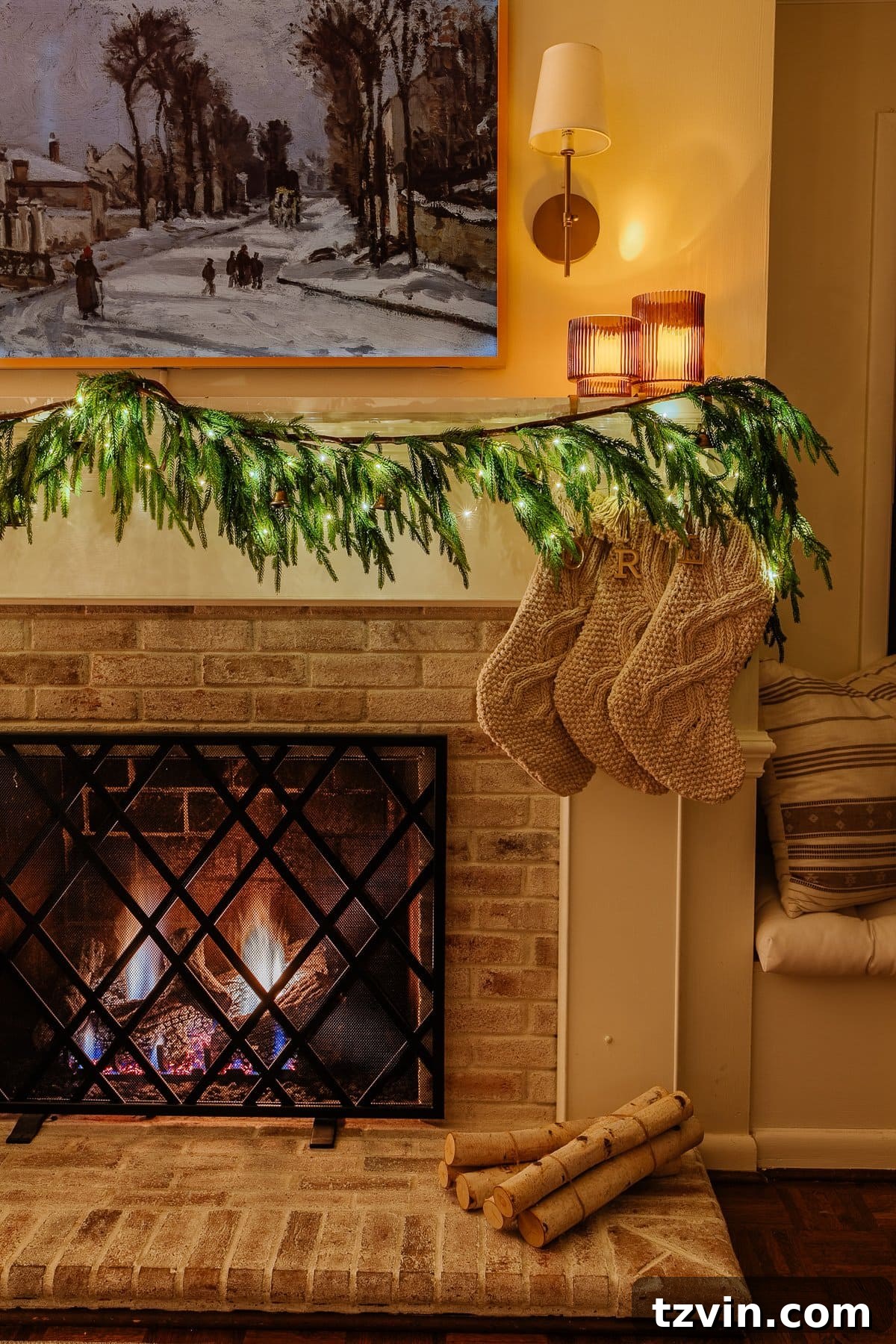 Holiday Glow Home Showcase 34 A cozy Christmas fireplace at night, with stockings hung and a warm glow emanating, creating a comforting holiday scene.