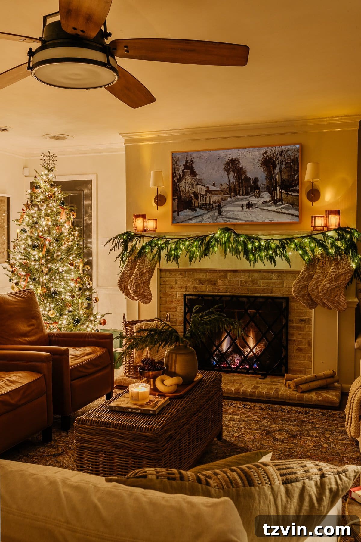 Holiday Glow Home Showcase 35 A complete view of a festive Christmas tree and a beautifully decorated fireplace at night, encapsulating the spirit of the holidays.