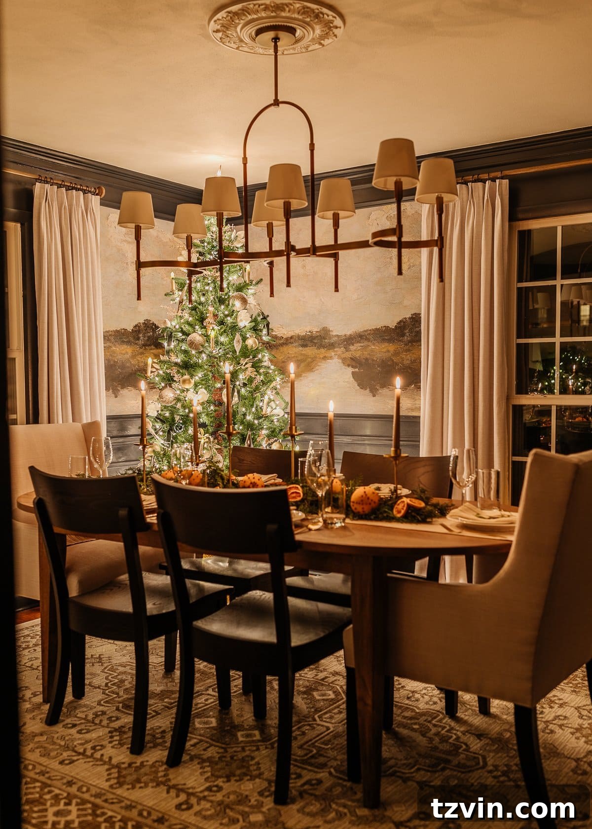 Holiday Glow Home Showcase 8 A festive dining room adorned with elegant Christmas table decor, illuminated by soft candlelight at night.