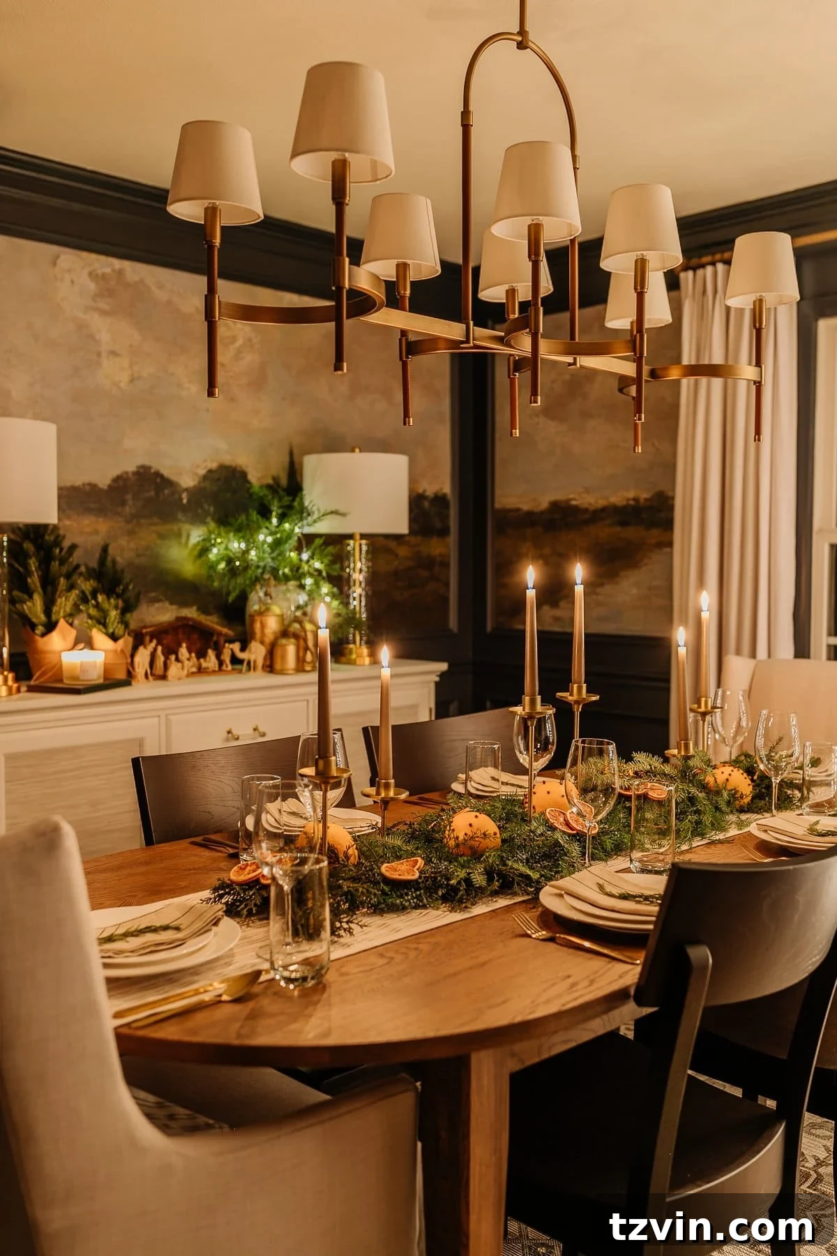 Holiday Glow Home Showcase 9 Detailed shot of elegant Christmas night table decor in the dining room, showcasing a festive and serene ambiance.