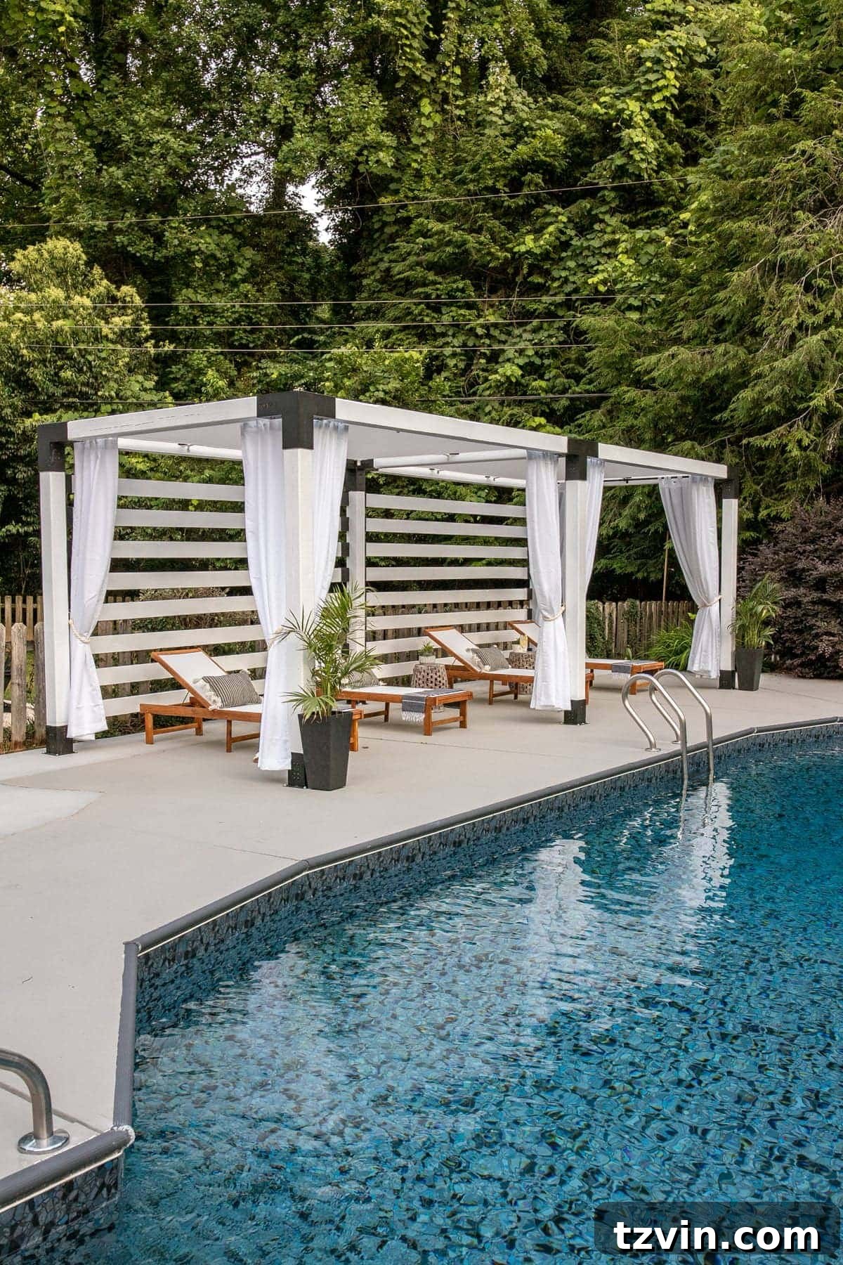 Our Favorite 21 Room Makeovers of 2021 19 After image of the completed DIY pergola cabana, a stylish poolside retreat.