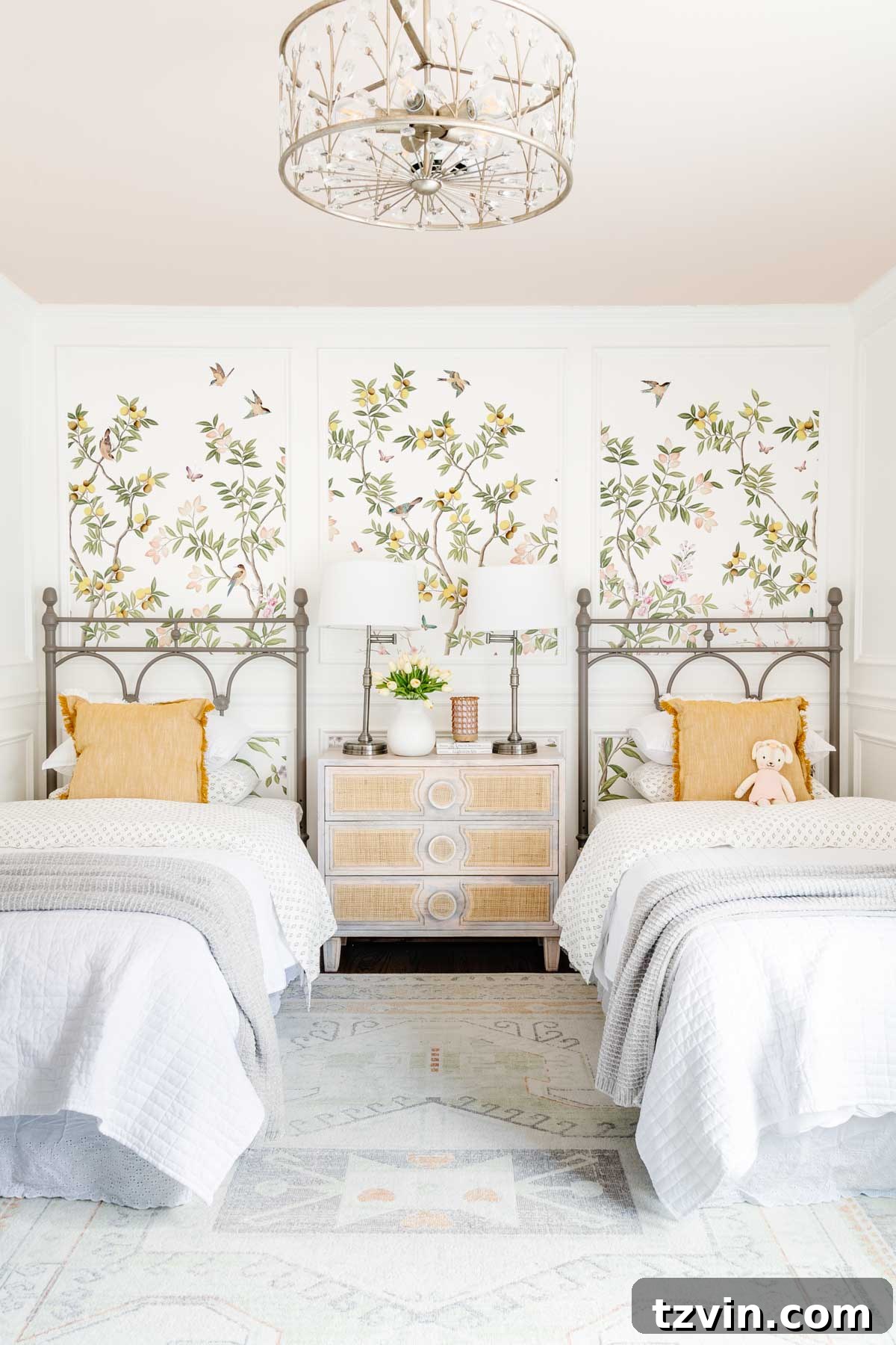 Our Favorite 21 Room Makeovers of 2021 24 After image of Regan's toddler girl room, featuring chinoiserie wallpaper and twin beds.
