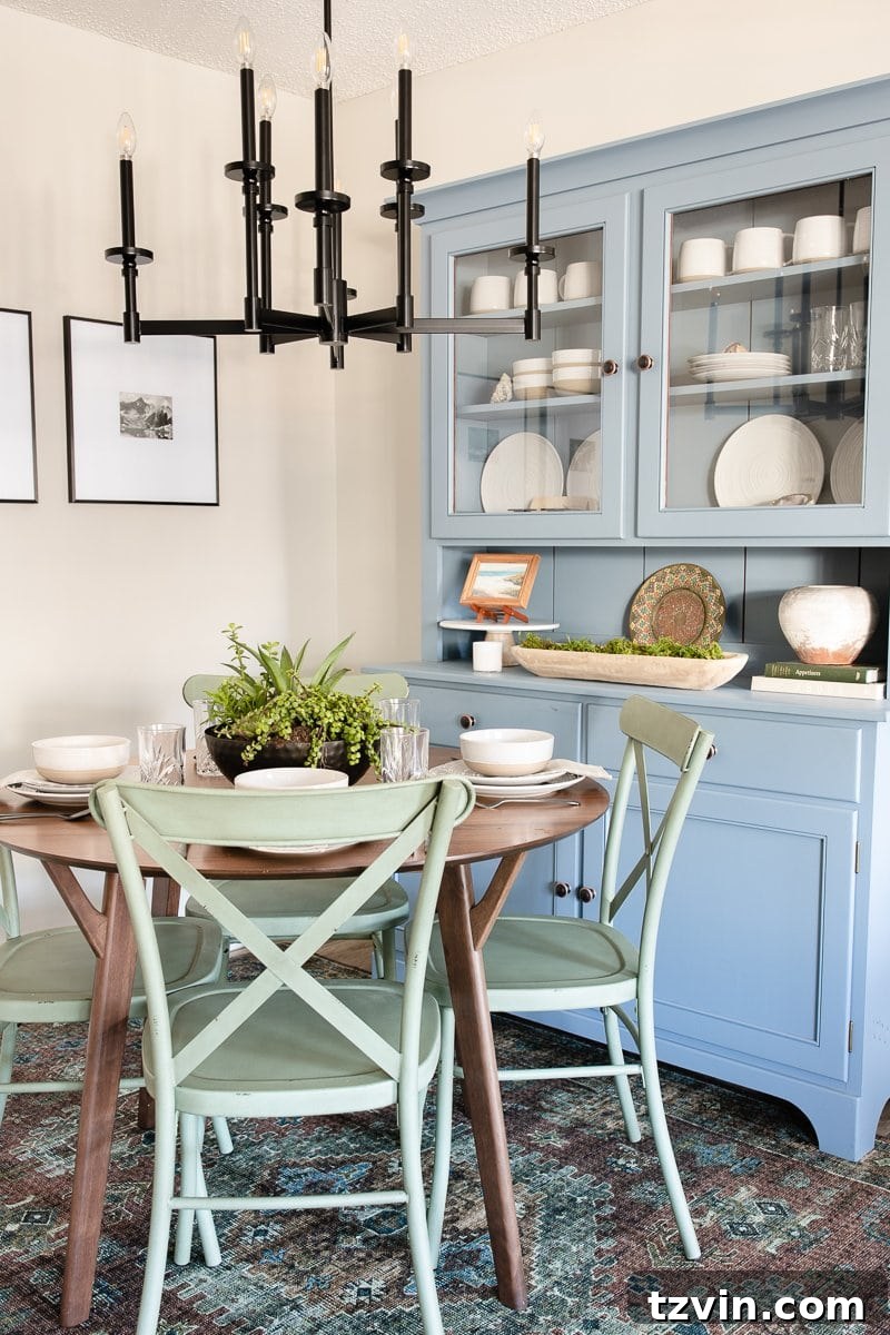 Transform Your Dining Nook Instantly 5 colorful dining room nook blue china cabinet green dining chairs