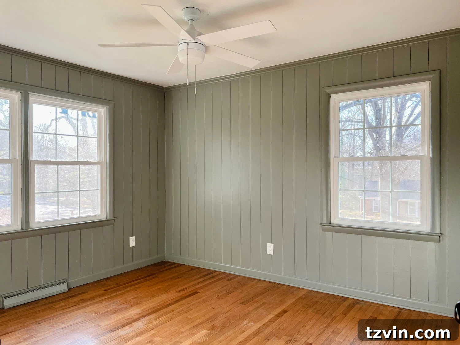 DIY faux wall planking in a bedroom using a Sharpie paint pen painted Sherwin Williams Evergreen Fog