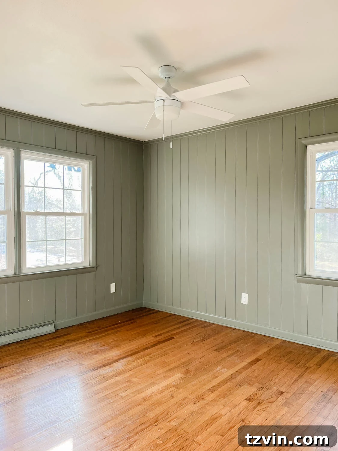 DIY faux wall planking using Sharpie paint pens in a bedroom painted Sherwin Williams Evergreen Fog