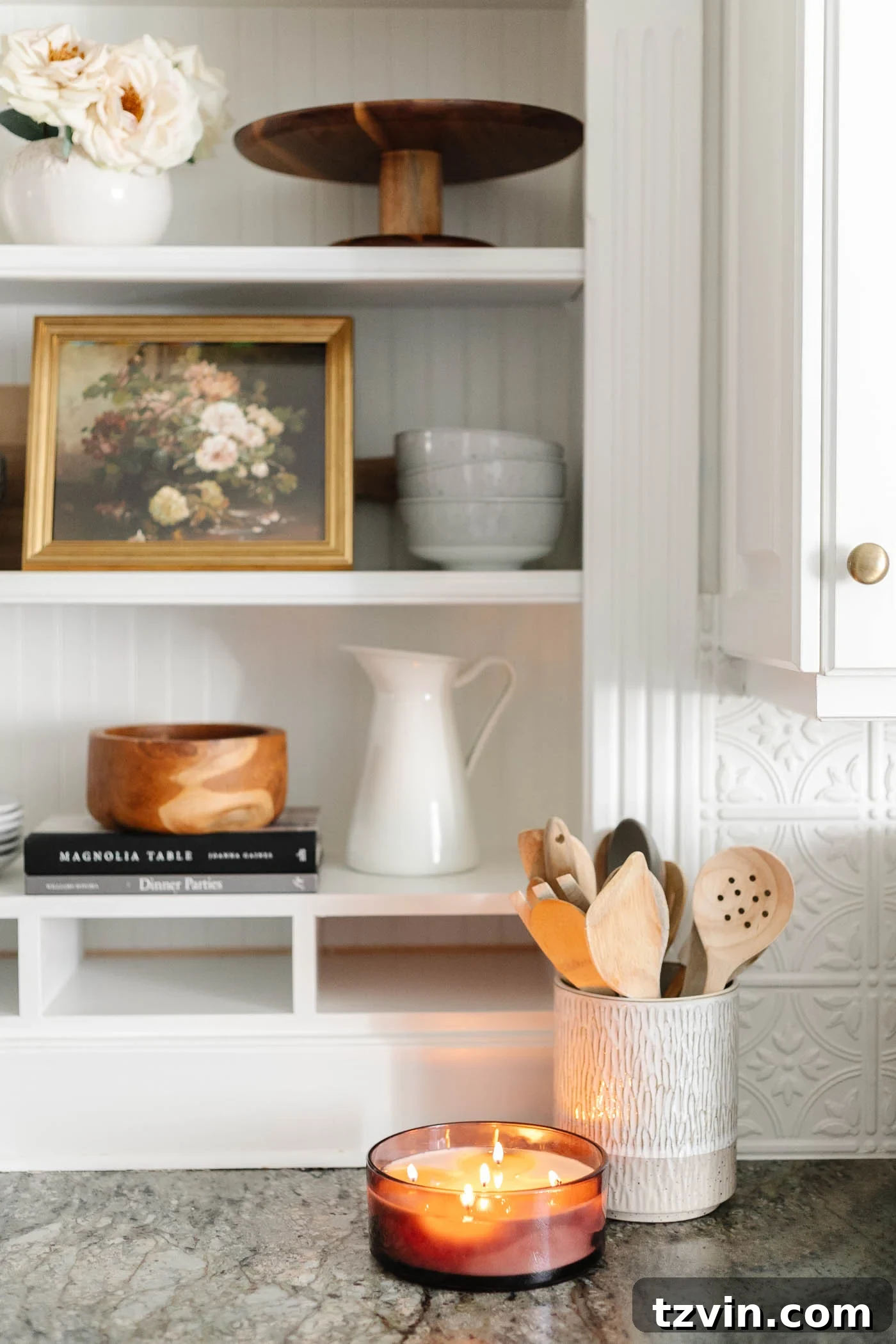 Romantic Morning Feast Board 12 simple kitchen shelves with candle