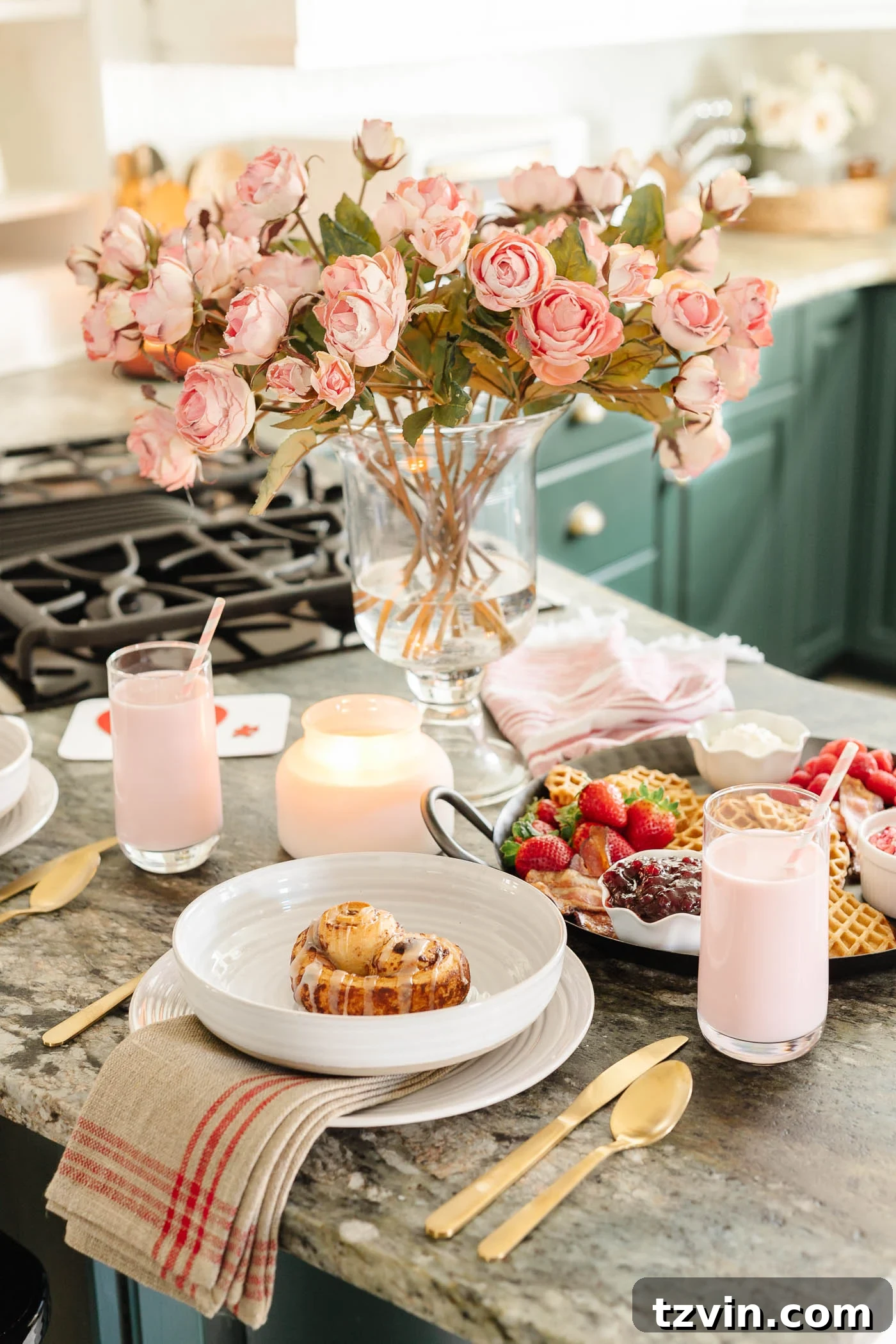 Romantic Morning Feast Board 7 Valentine's Day breakfast charcuterie board with place settings on kitchen counter and pink roses with candles