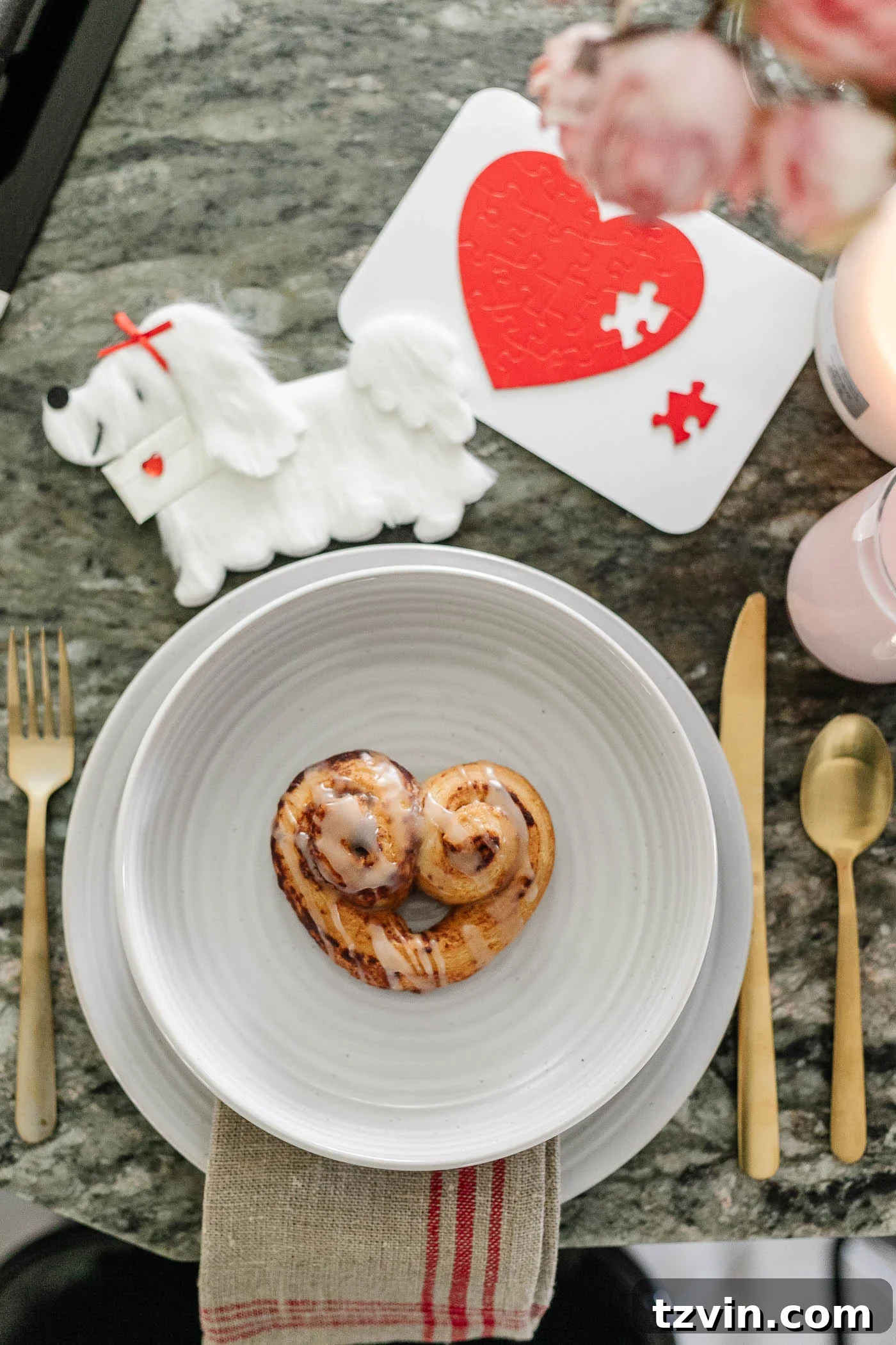 Romantic Morning Feast Board 9 heart shaped cinnamon rolls - Valentine's Day breakfast idea with place setting