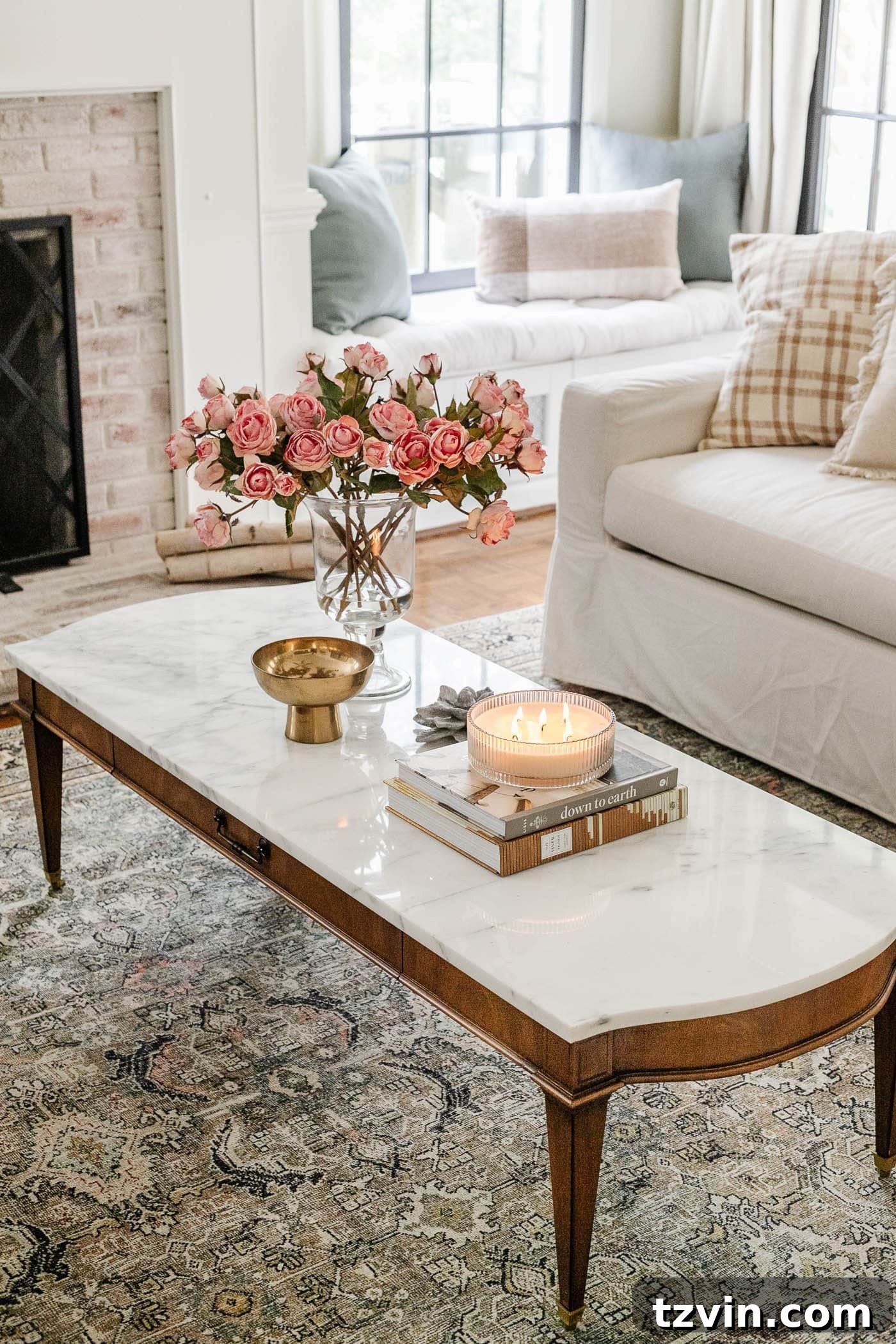 Facebook Marketplace marble coffee table in white living room
