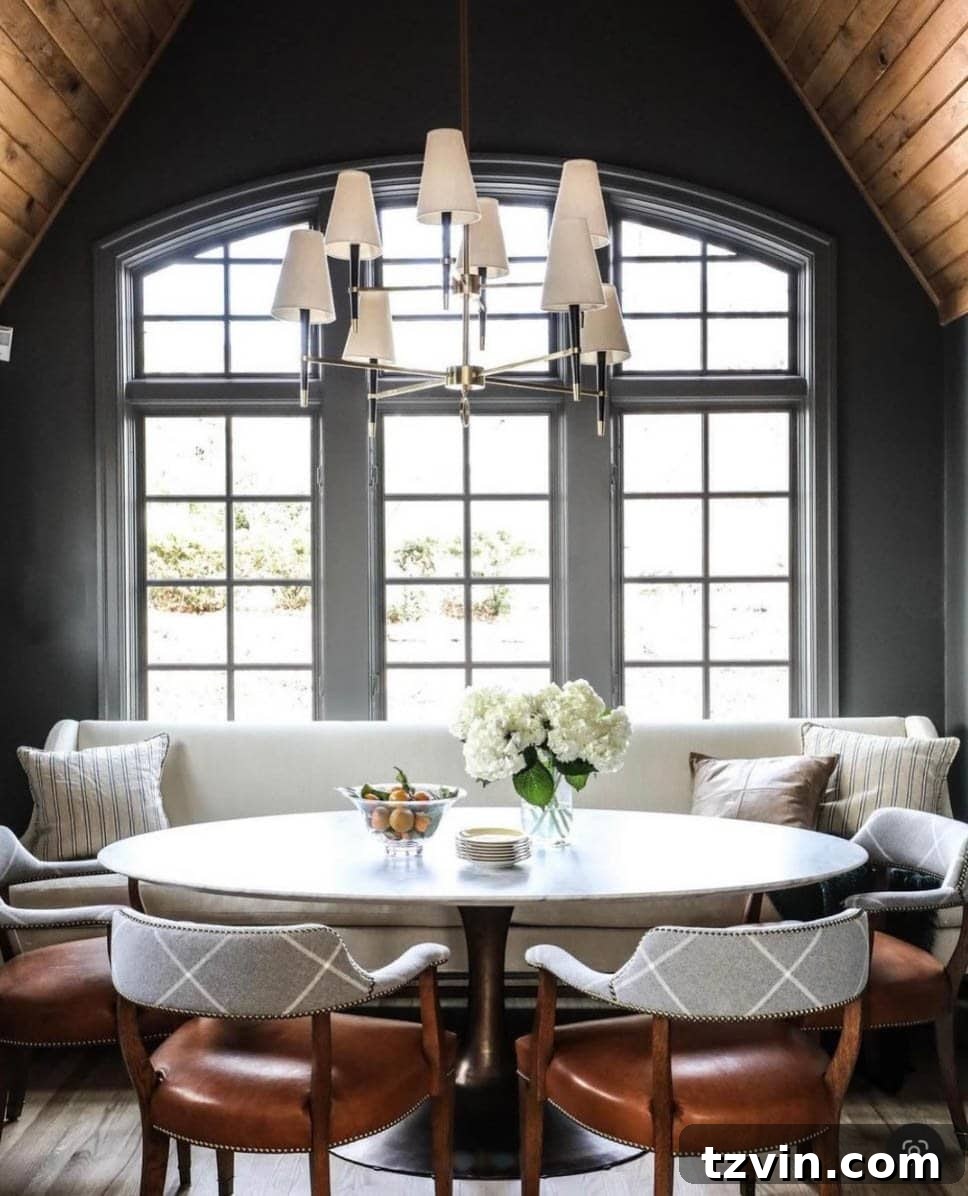 Intimate breakfast nook with dark, moody walls for cozy ambiance