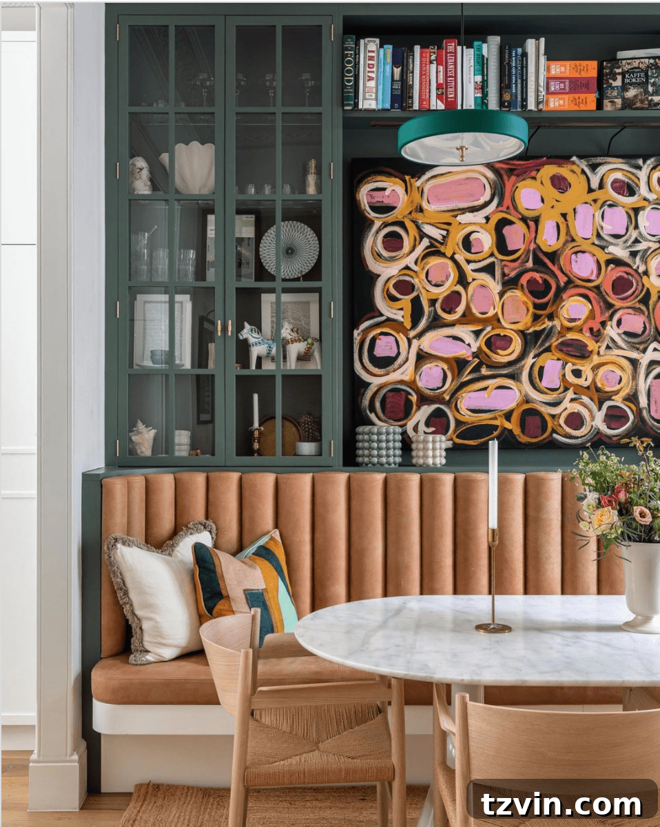 Breakfast nook with a bench seamlessly integrated into kitchen cabinetry
