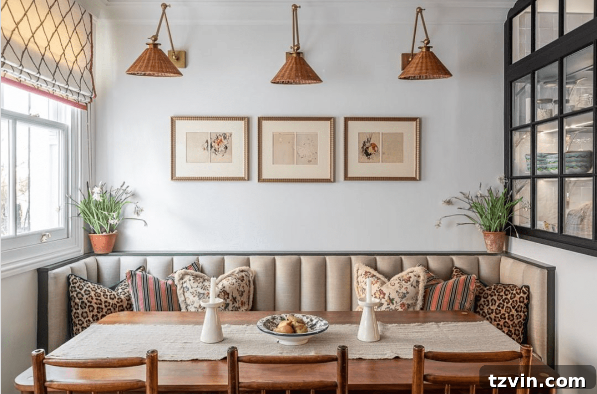 Long banquette bench spanning an entire wall in a breakfast nook for maximum seating