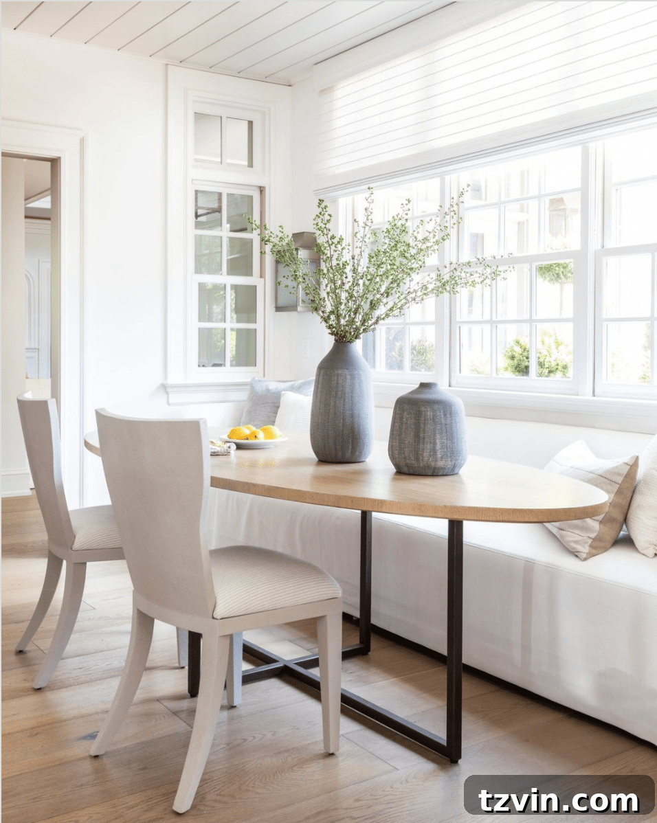 Dining space with a practical slipcovered bench for easy cleaning and maintenance