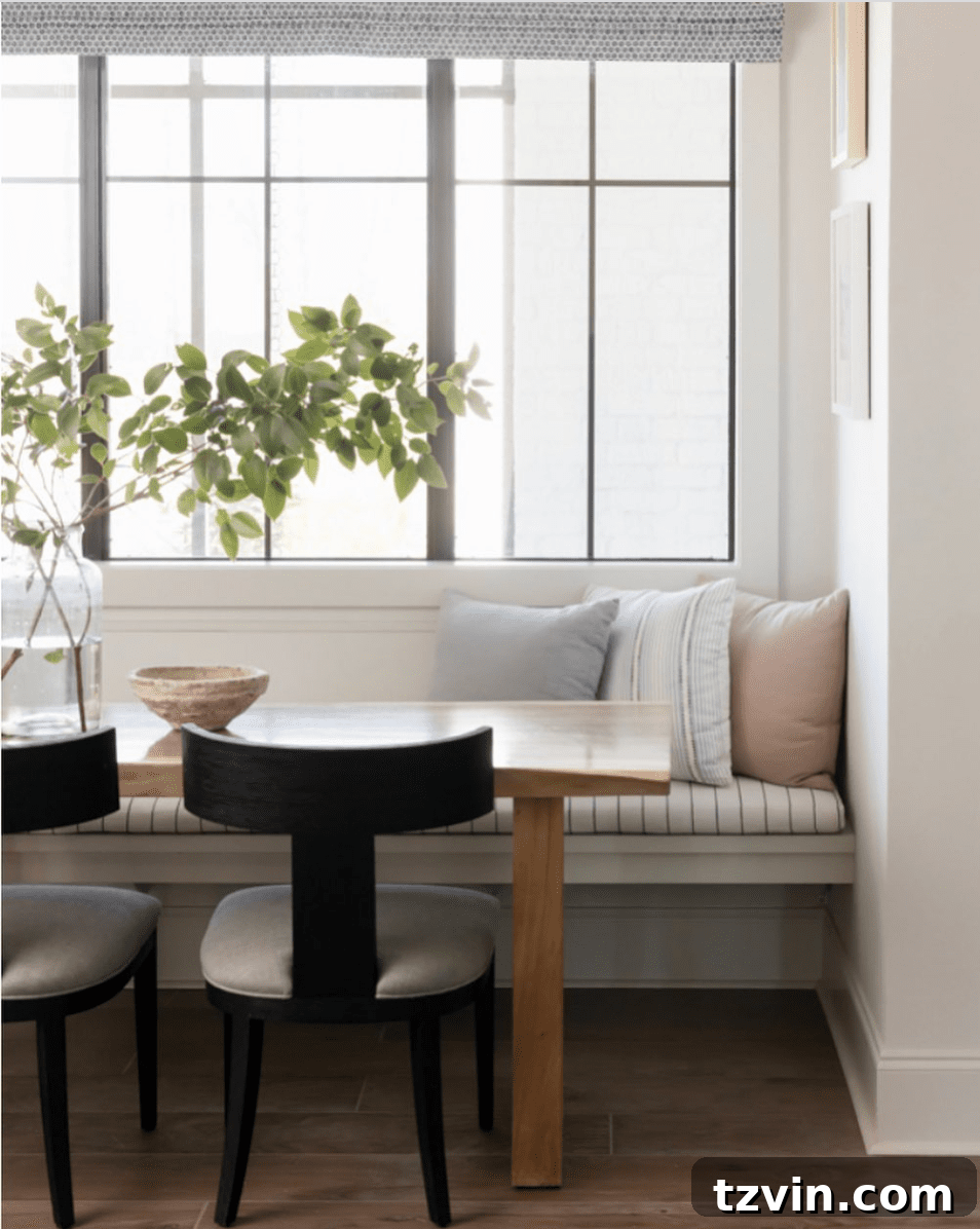 Floating breakfast nook bench creating an open and airy feel in a small kitchen