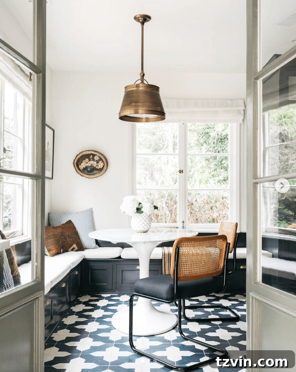 Dining area with a playful patterned floor adding whimsy and practicality