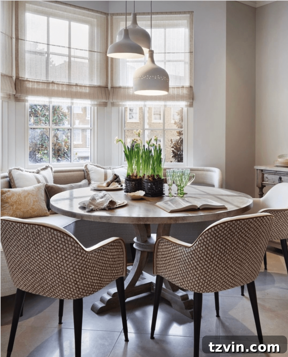 Breakfast nook banquette curved into a bay window with Roman shades