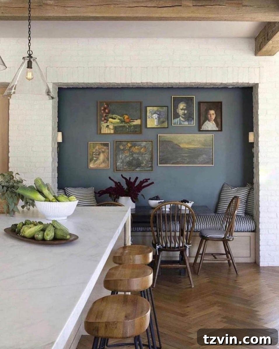 Breakfast nook bench built into a wall niche to save space in a small kitchen
