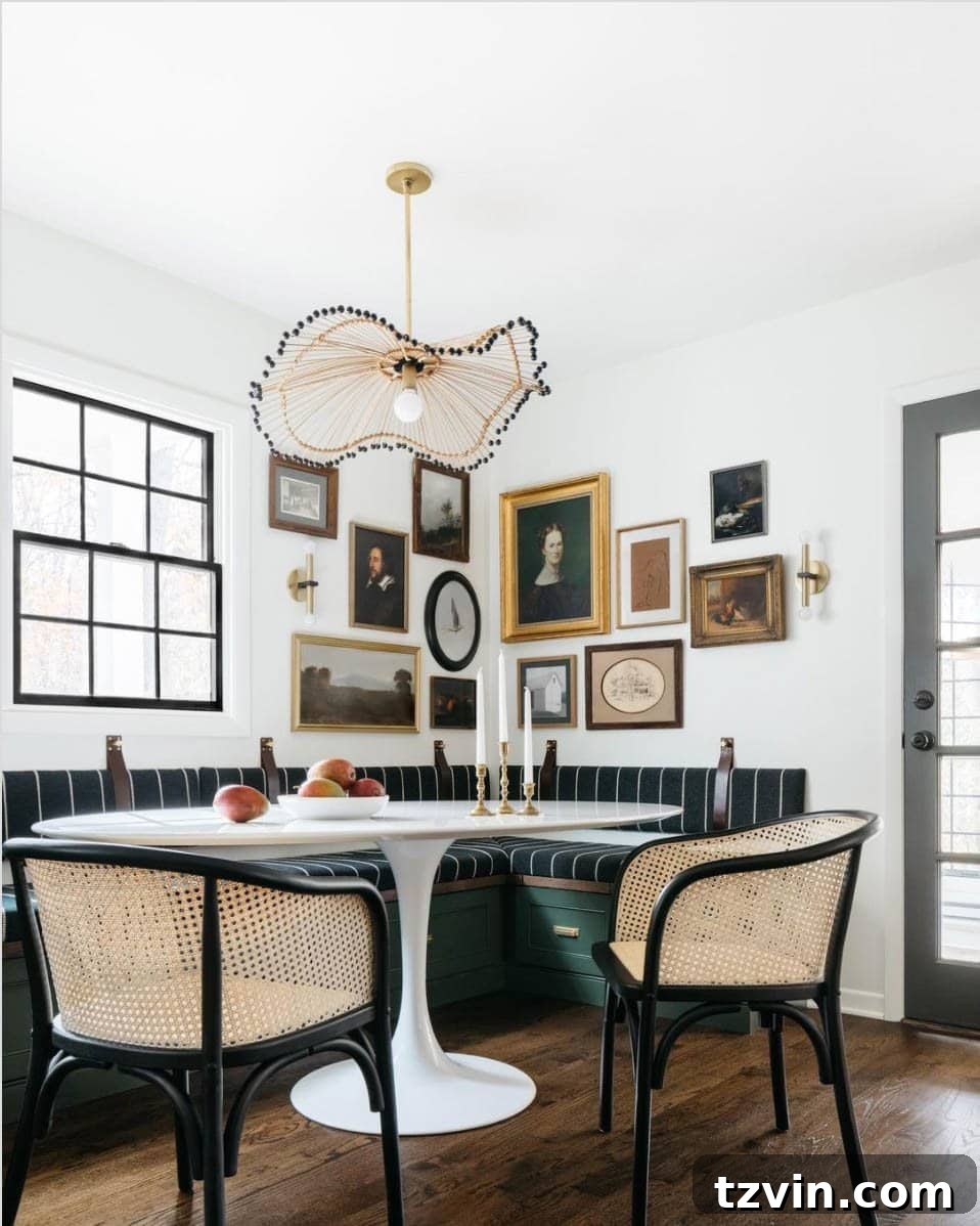 Vintage eclectic gallery wall in a charming breakfast nook