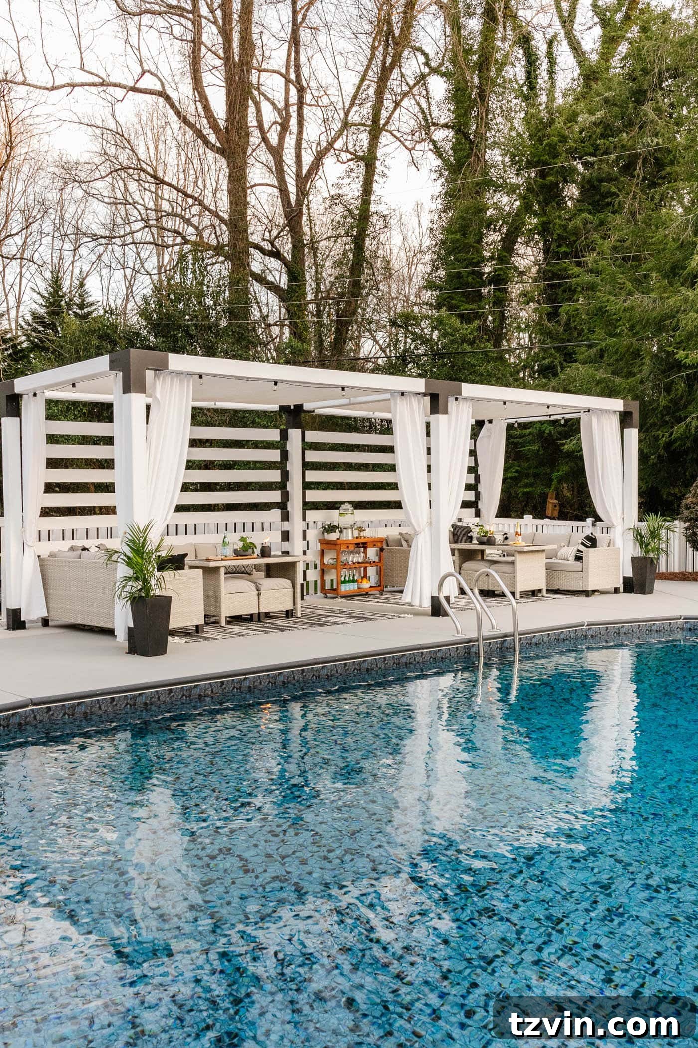beautiful backyard pool area with a DIY pergola cabana and stylish Better Homes and Gardens patio furniture