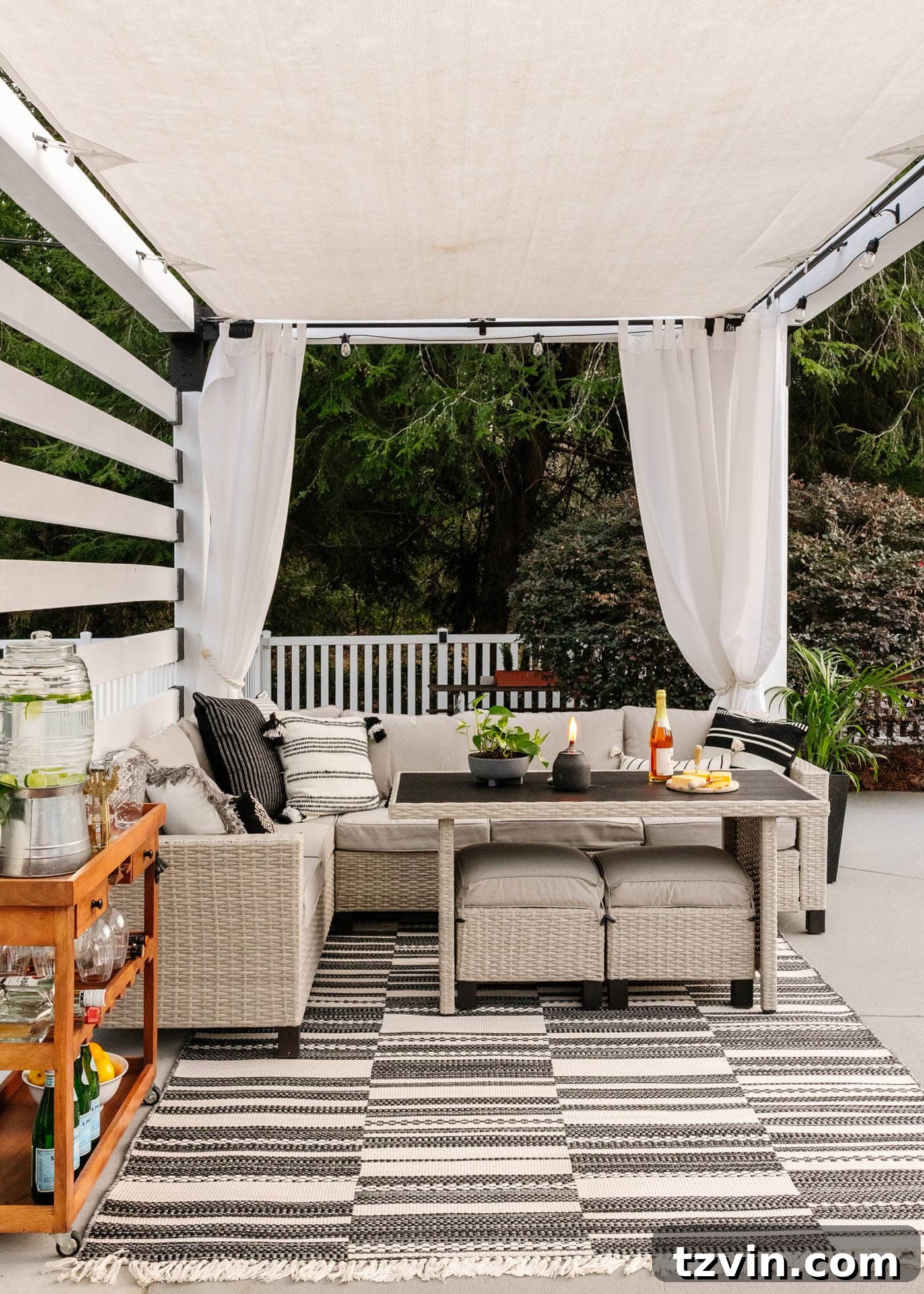 Relaxing lounge area within the DIY pool cabana featuring comfortable Better Homes and Gardens furniture, inviting leisure