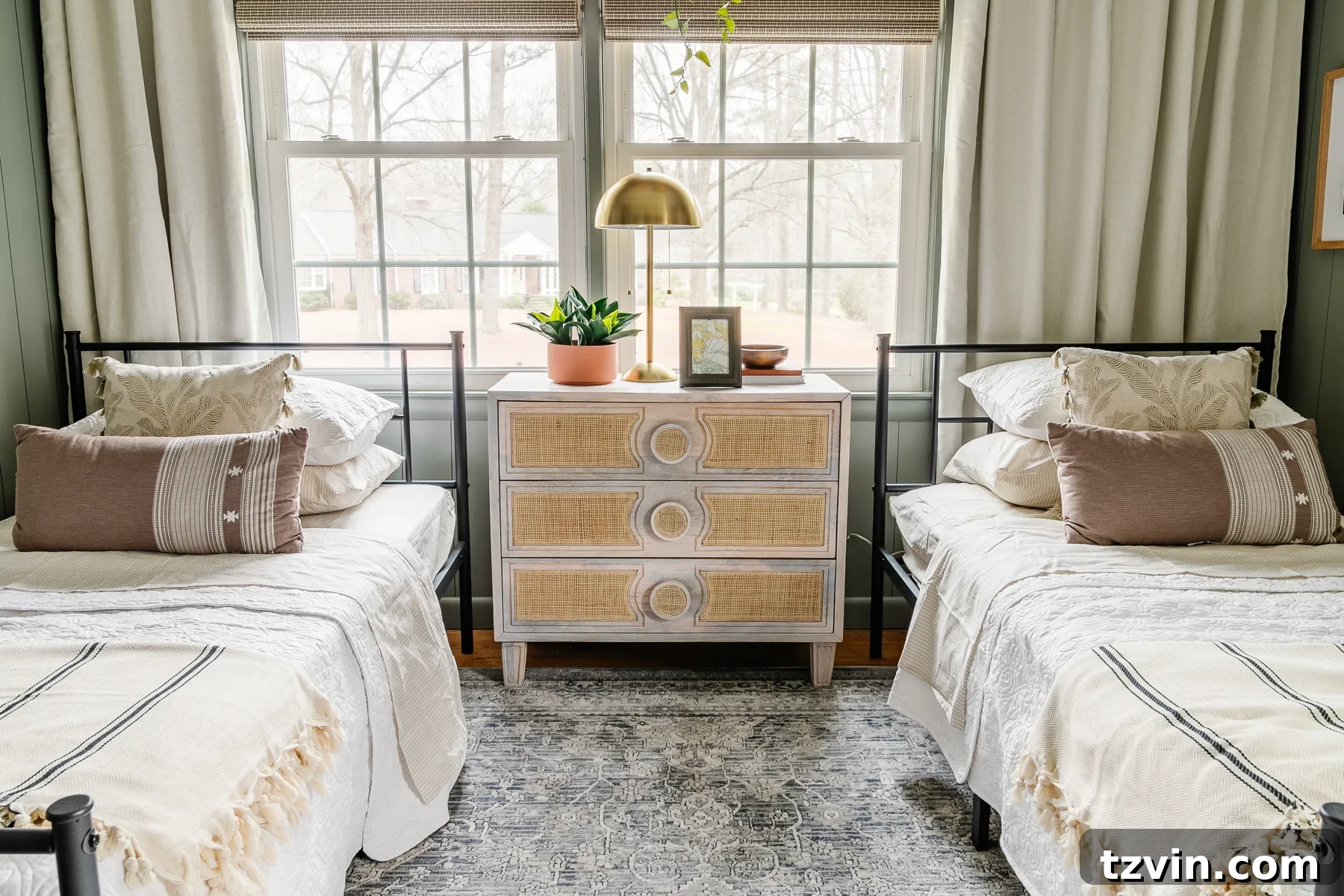 A charming bedroom with twin beds and a soft, affordable rug, demonstrating ideal rug placement for comfort and style in bedrooms.