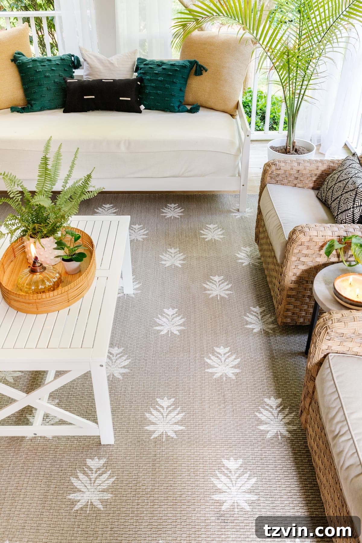 An outdoor patio featuring an inexpensive yet durable rug, perfect for porches and patios, showcasing budget-friendly outdoor decor solutions.