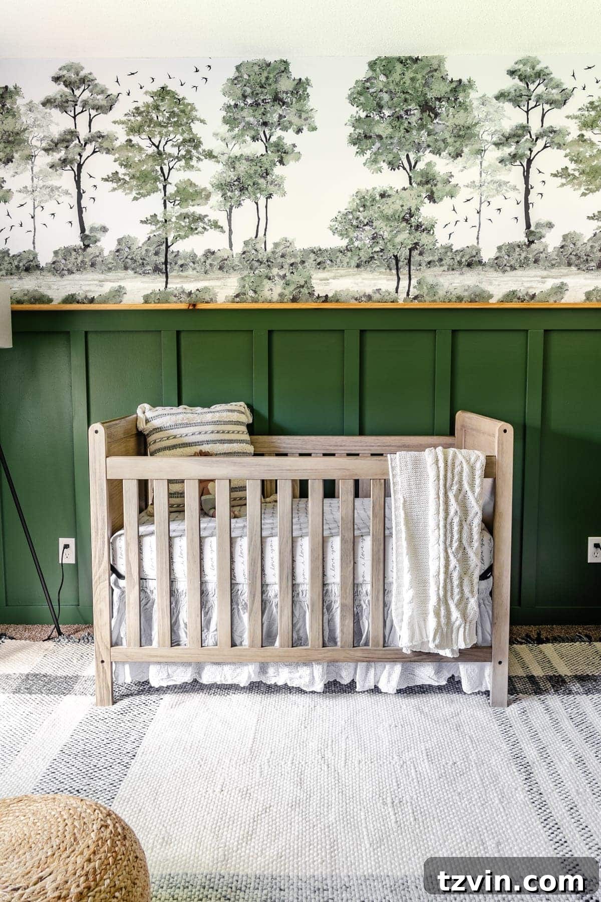 A cozy nursery adorned with a soft plaid rug, highlighting stylish yet affordable options for children's rooms.