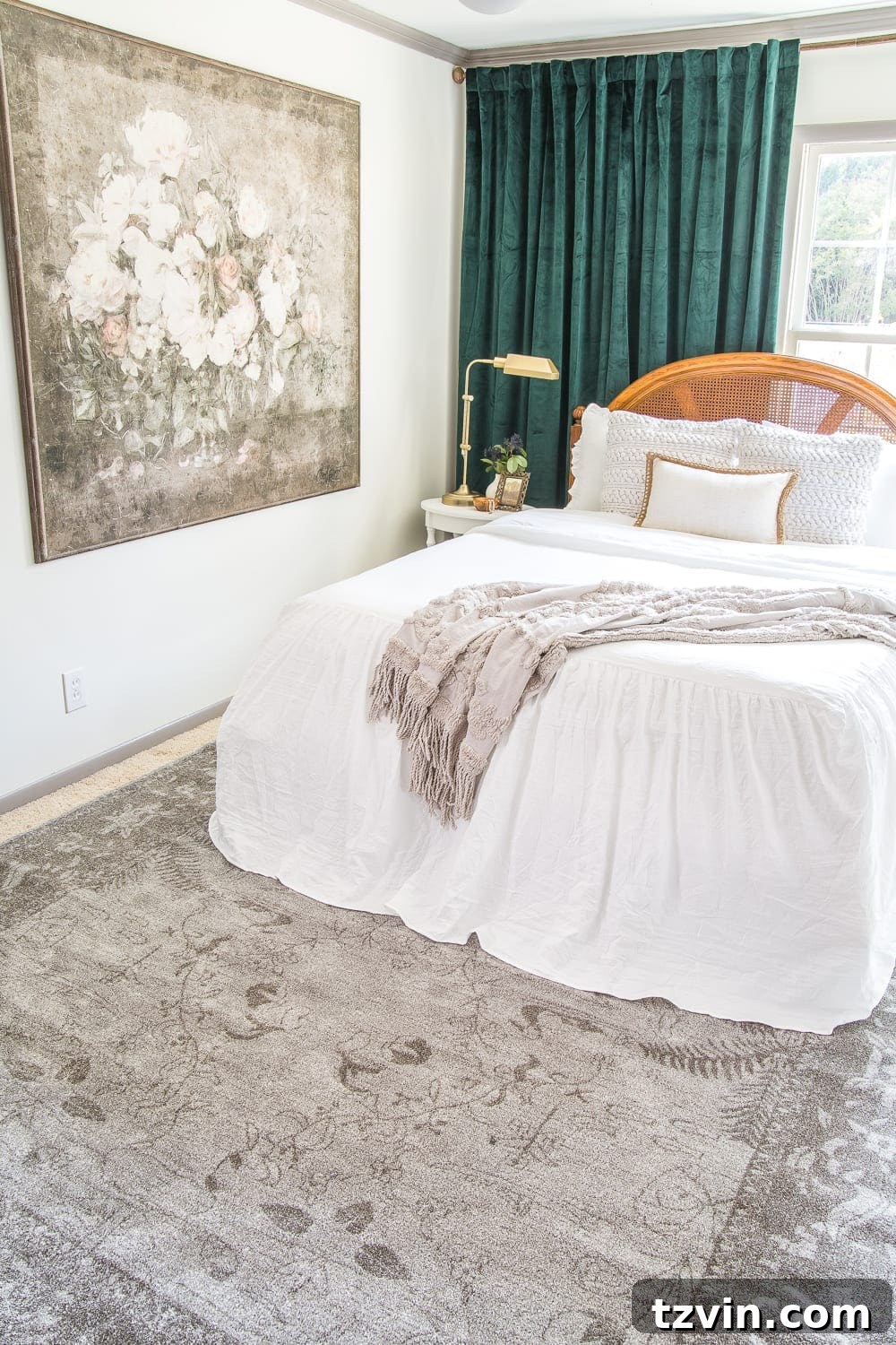A serene guest bedroom featuring a comfortable and budget-friendly rug, illustrating how to find affordable bedroom rugs online.