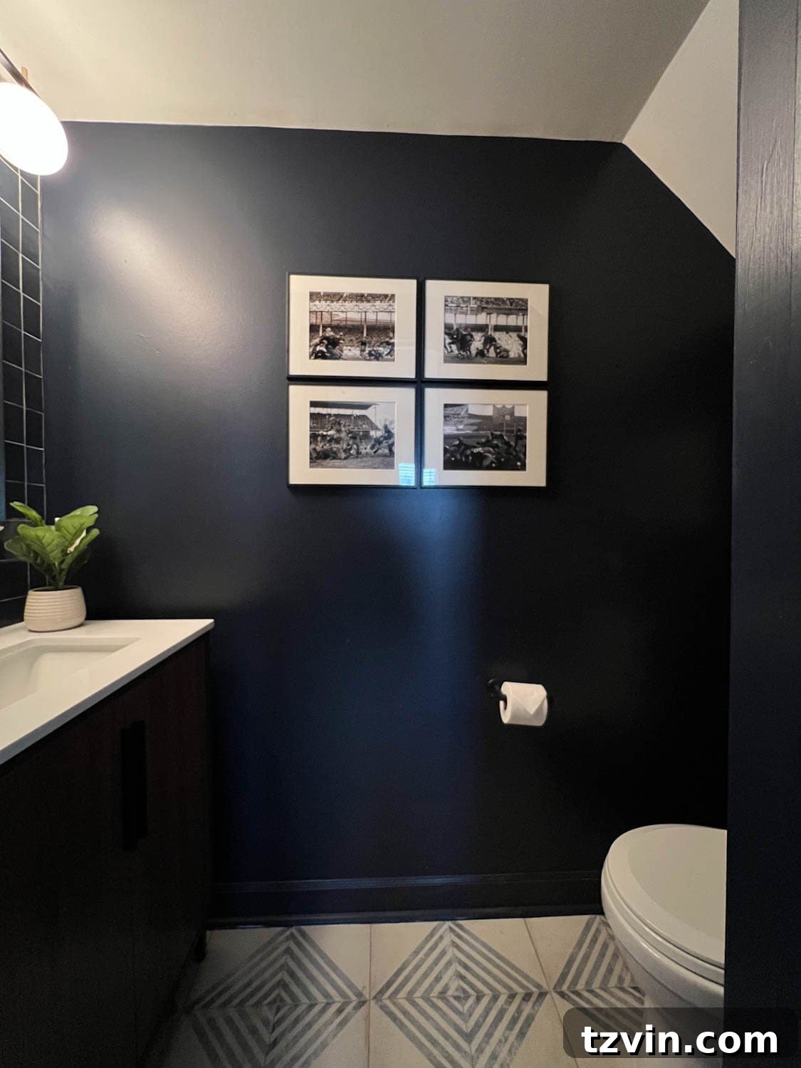 Sleek Compact Powder Room for the Modern Gentleman 6 navy blue modern powder room with patterned tile floor