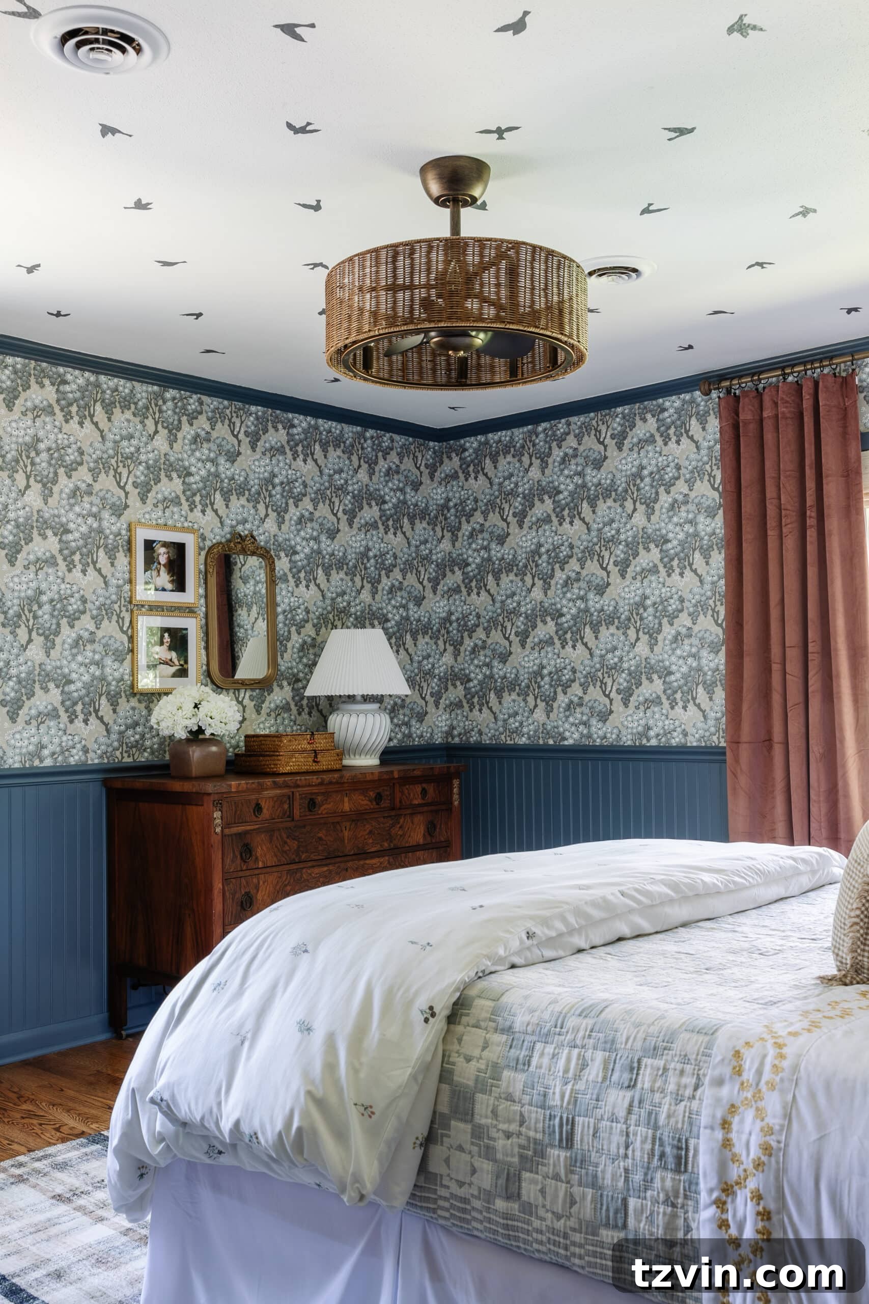 Our Top-Rated Fandelier Favorites 4 Bohemian wicker bladeless ceiling fan in a charming bedroom, adding rustic elegance.