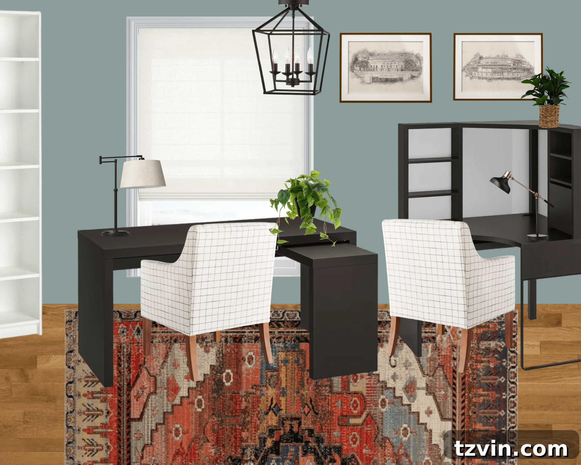 Designing the Future: Our Next Project's Workspace Mood Board 3 Home office mood board showing a desk with a pull-out panel and a corner desk, designed for efficiency.
