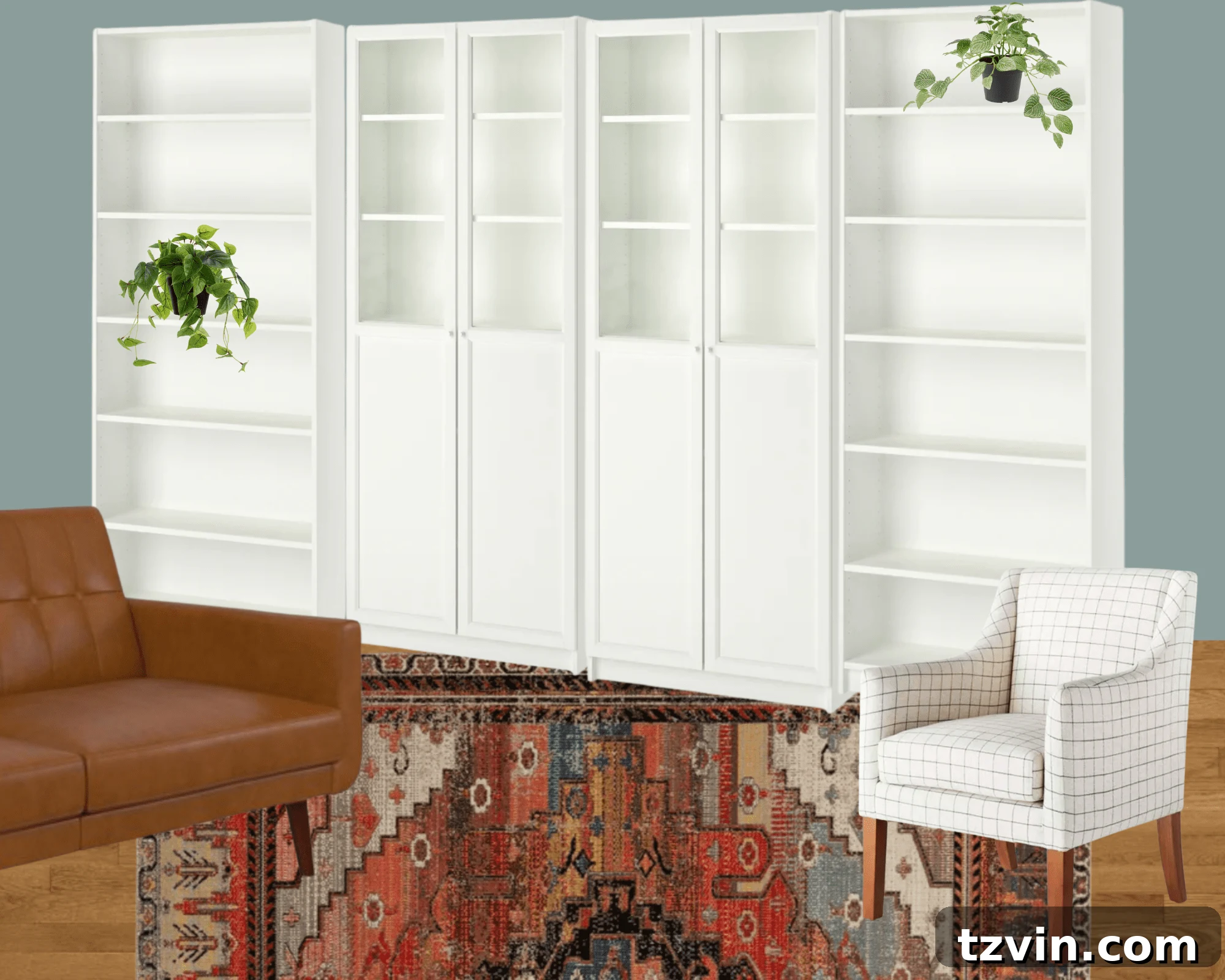 Designing the Future: Our Next Project's Workspace Mood Board 5 Home office mood board featuring custom built-in shelves from IKEA Billy bookcases, maximizing wall space.