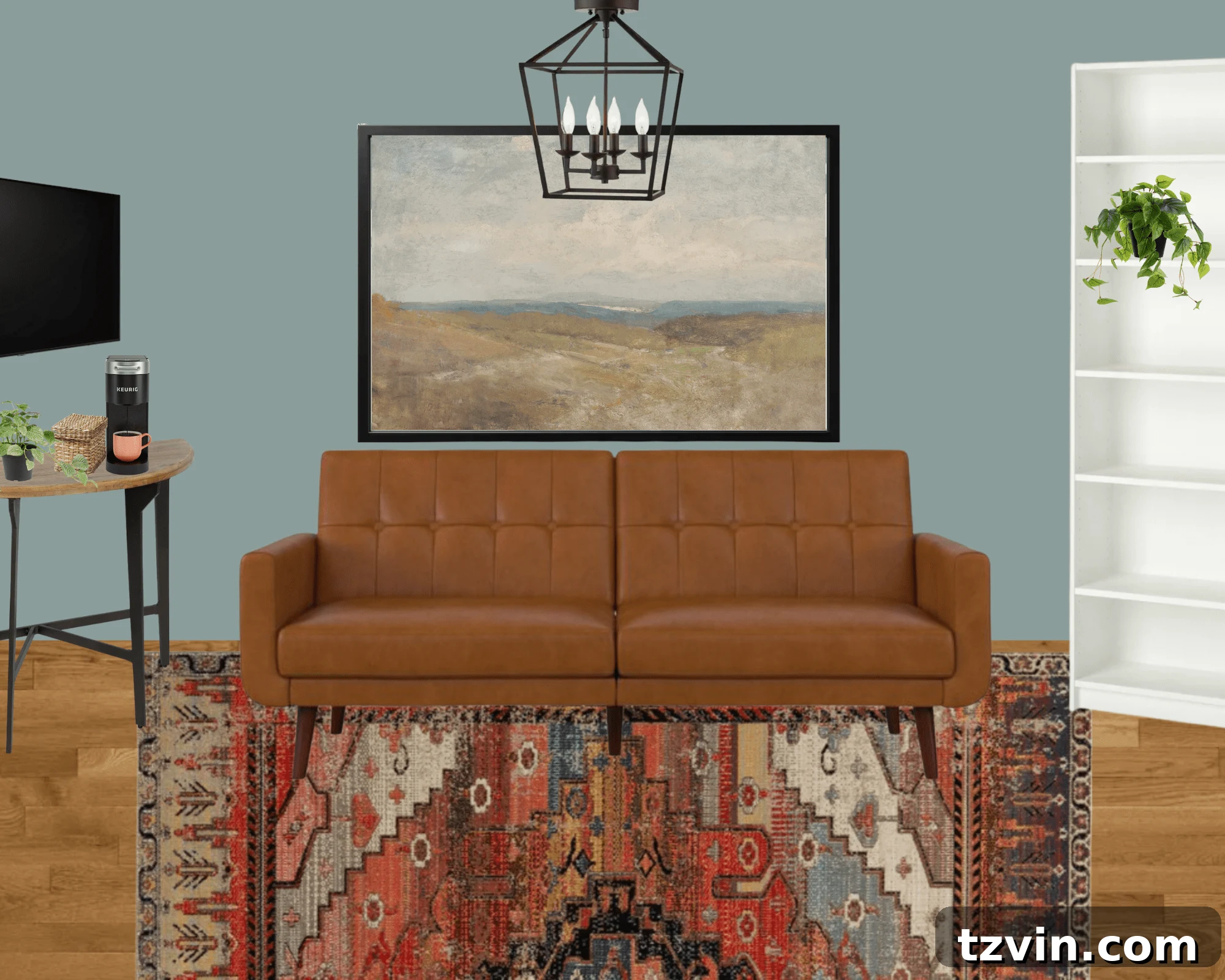 Designing the Future: Our Next Project's Workspace Mood Board 7 Home office mood board featuring a futon and reading space, with chosen wall color, rug, and art.