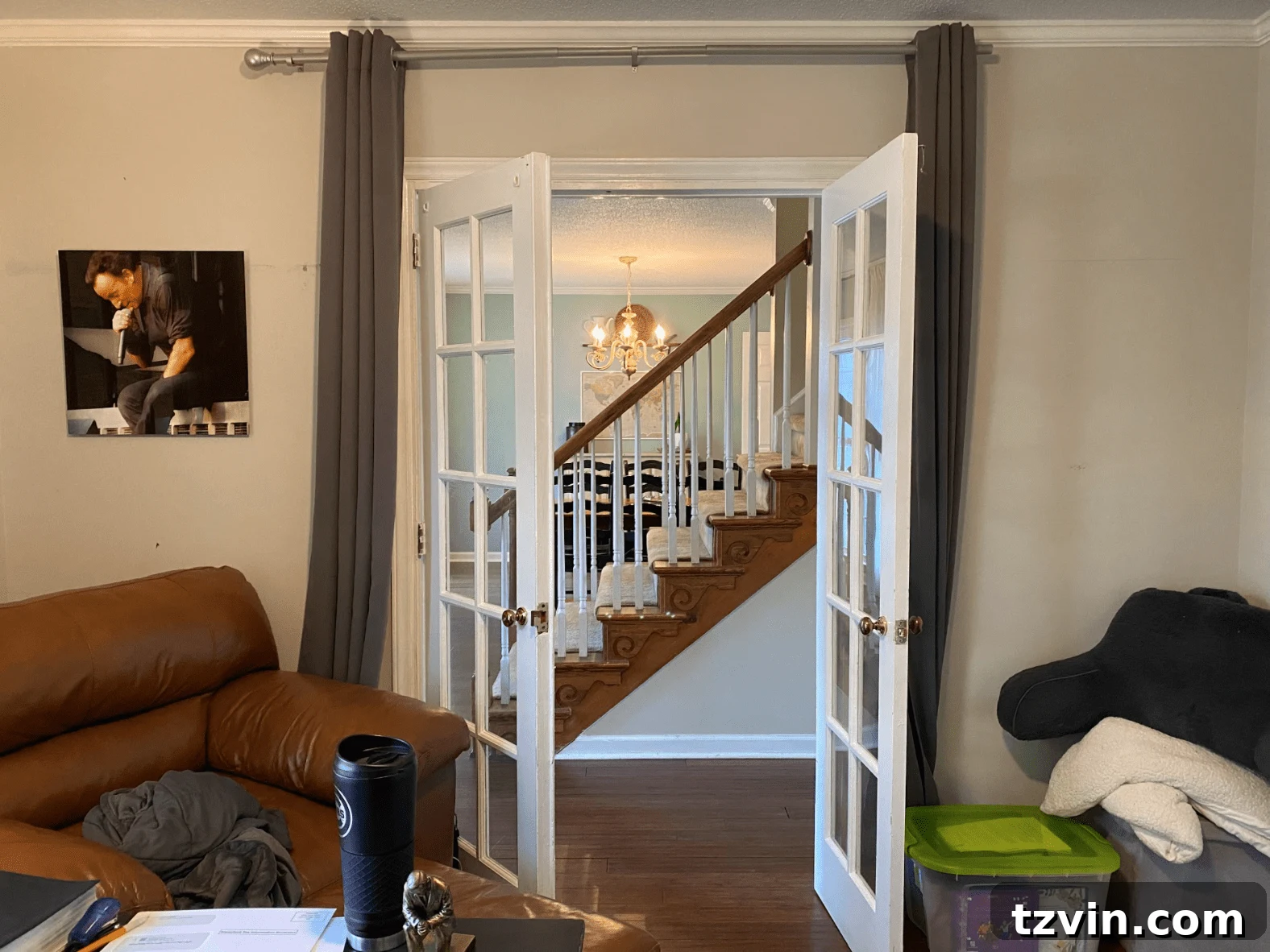 Designing the Future: Our Next Project's Workspace Mood Board 8 Before photo of French doors in a home office, highlighting the need for privacy solutions.