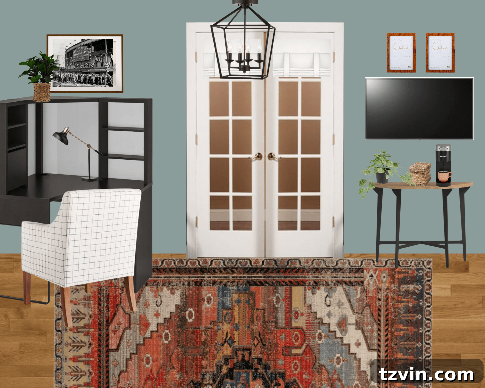 Designing the Future: Our Next Project's Workspace Mood Board 9 Home office mood board showing French doors with Roman shades and a coffee station.