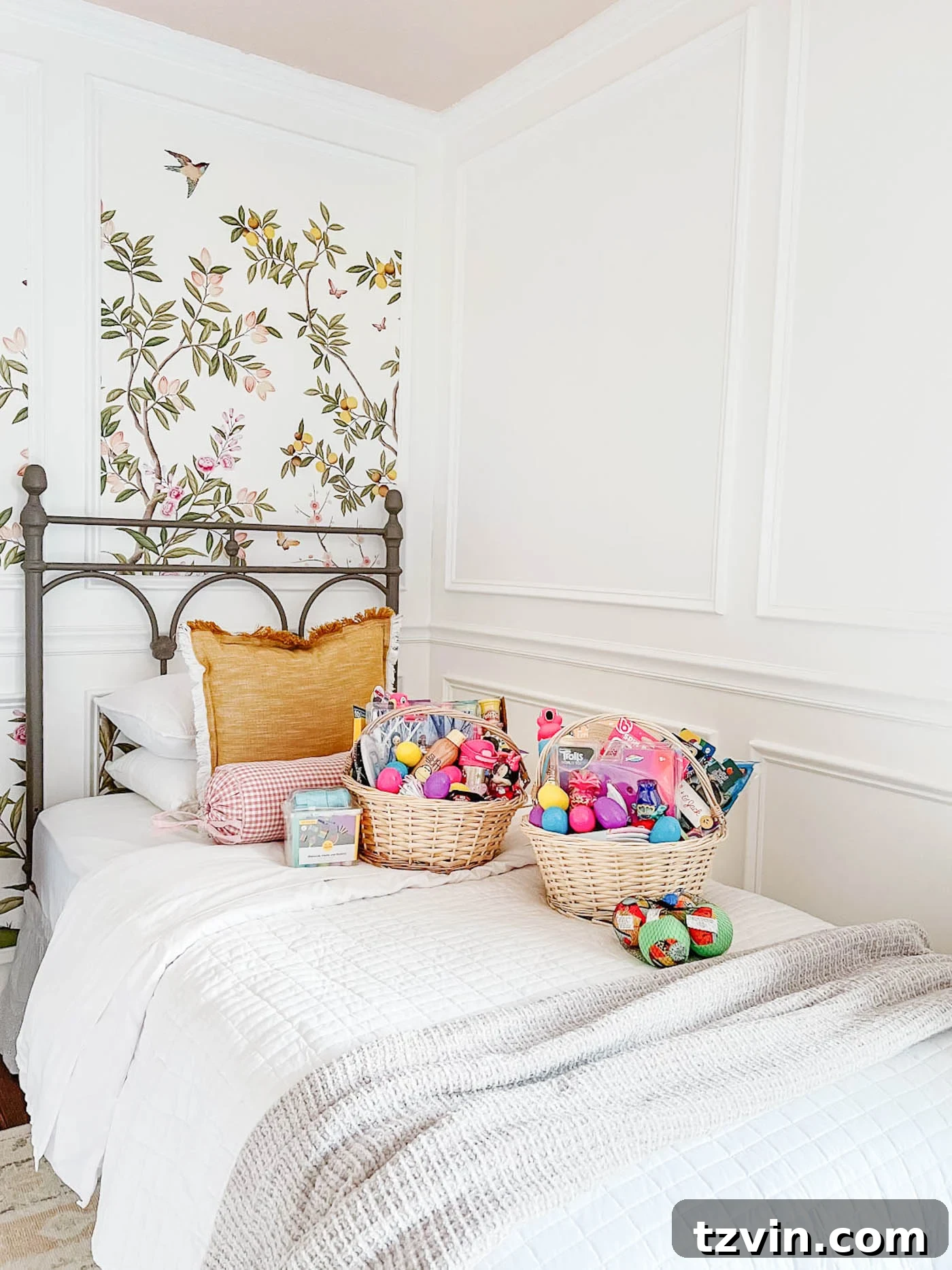 easter baskets filled with non-candy items on a bed