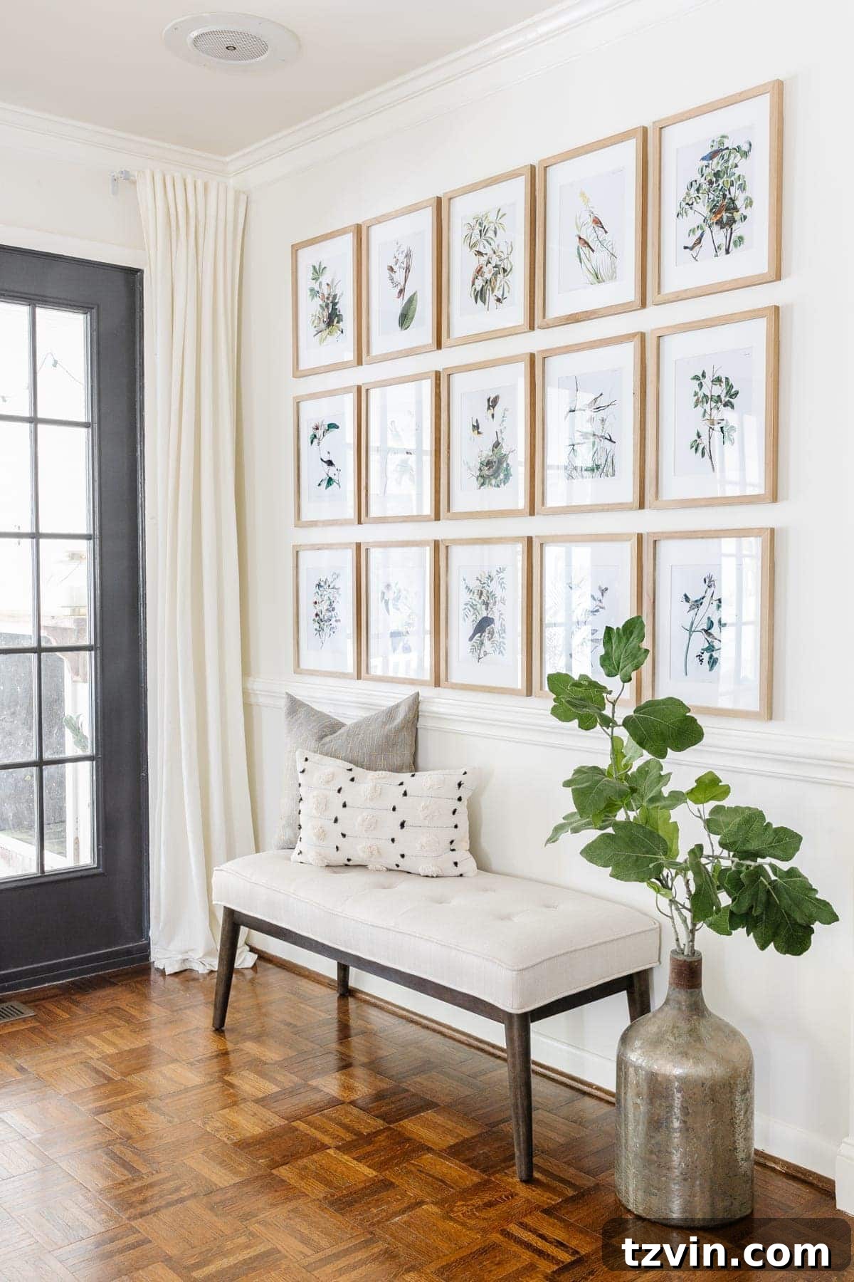 30 Budget Secrets to a Million-Dollar Home Aesthetic 8 audubon art gallery wall in an entryway with bench