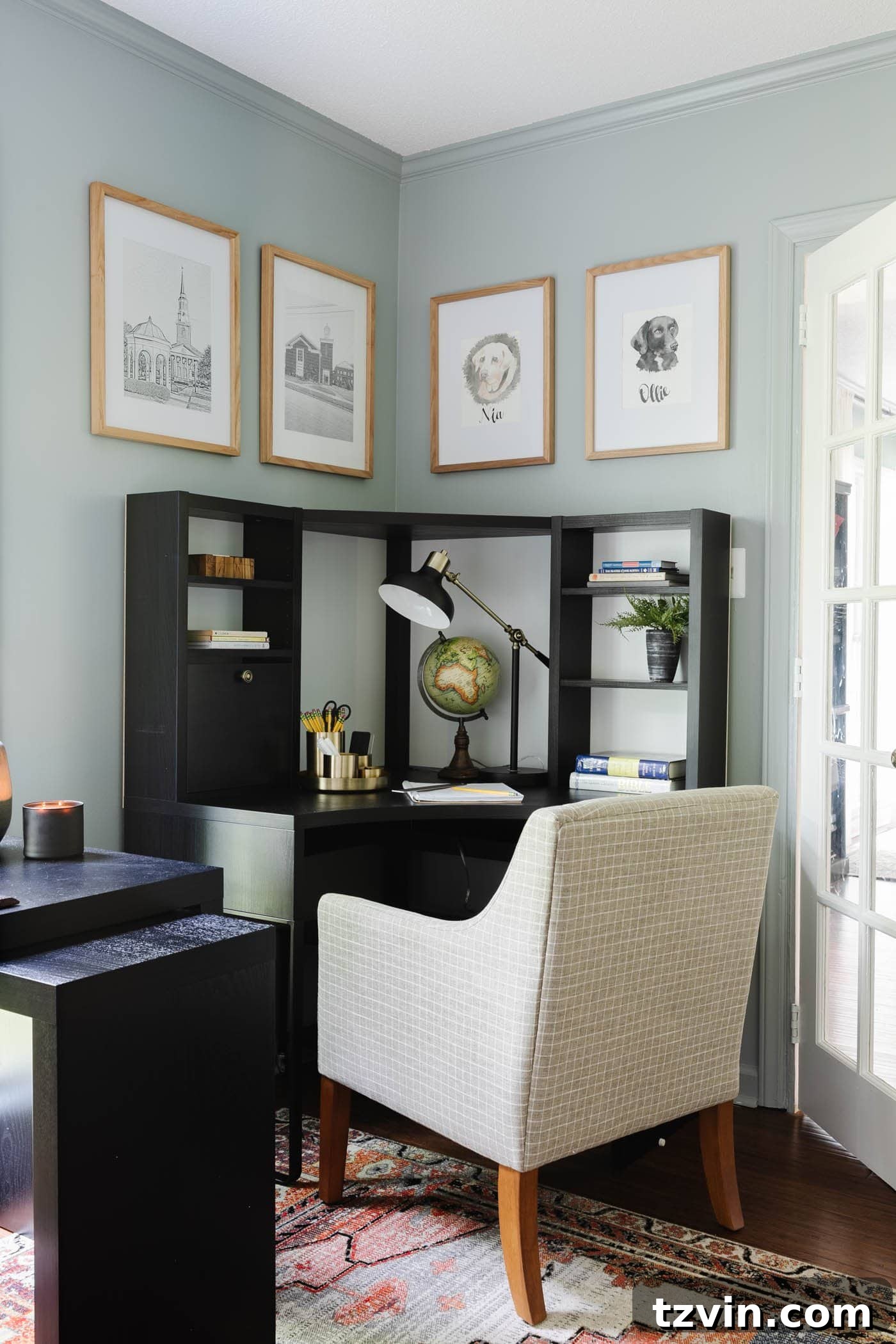 Functional home office featuring an IKEA MICKE corner desk with a globe and lamp, ideal for homeschooling and remote work, complemented by comfortable seating.