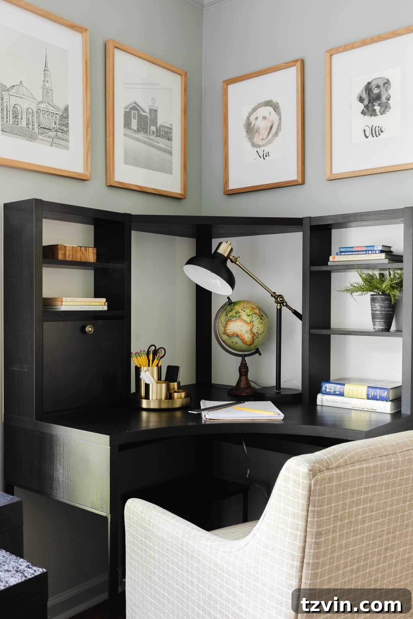Organized corner desk in a school room setting, complete with office supply organizer, desk lamp, educational globe, and a comfortable upholstered desk chair, fostering a productive learning environment.