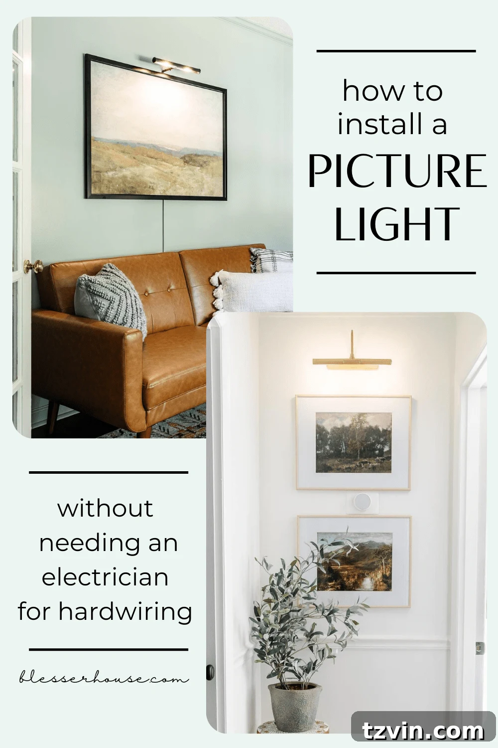 Wireless picture light illuminating art piece, demonstrating easy installation