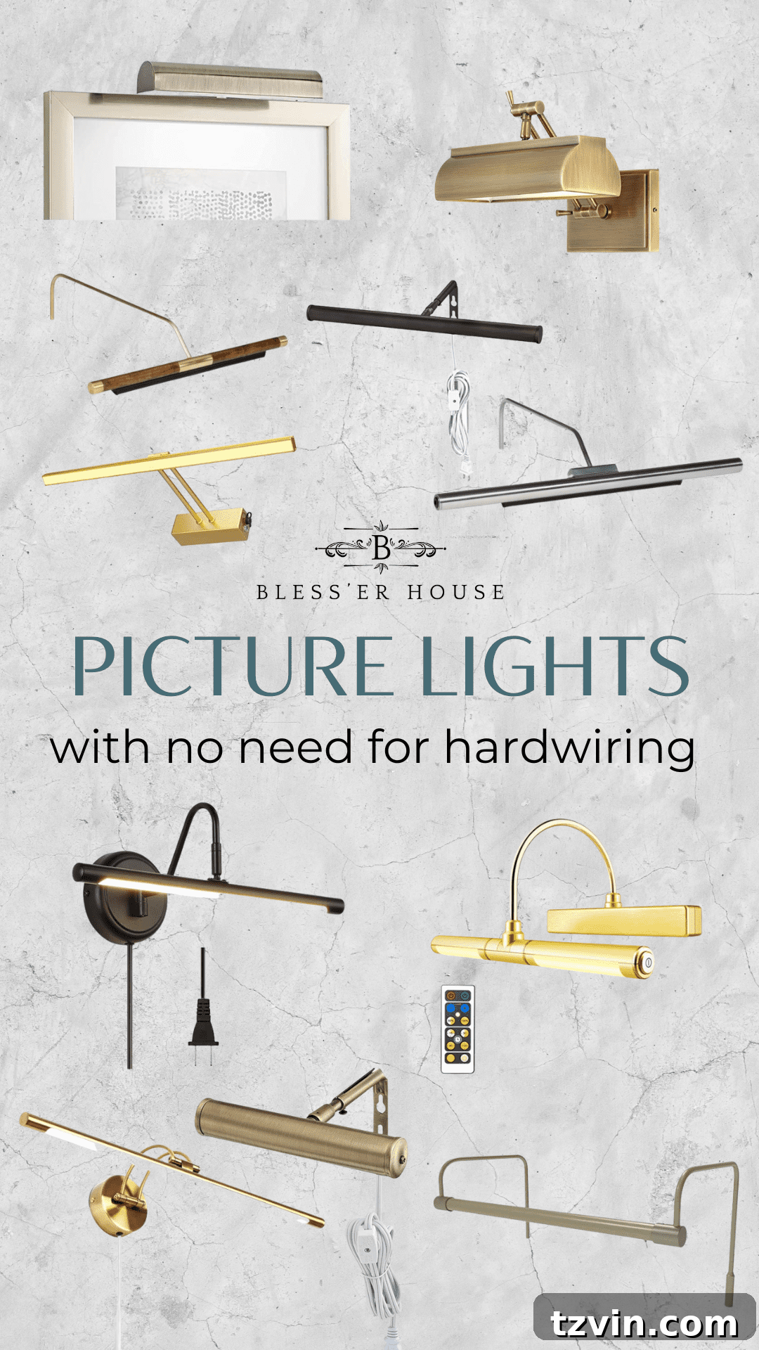Collection of picture lights with no hardwiring required, showing various styles