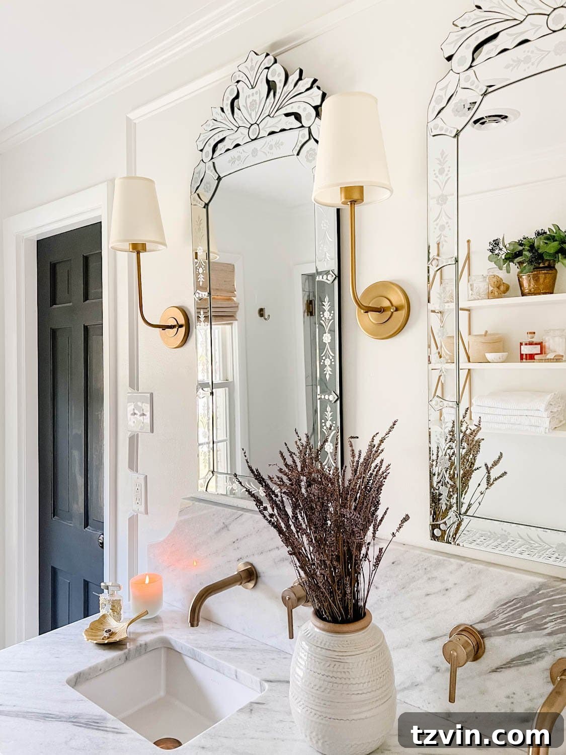 Attainable Luxury: Spa Bathroom Ideas for Every Home 13 bathroom vanity decor ideas with lavender in a vase, candle, and jewelry tray
