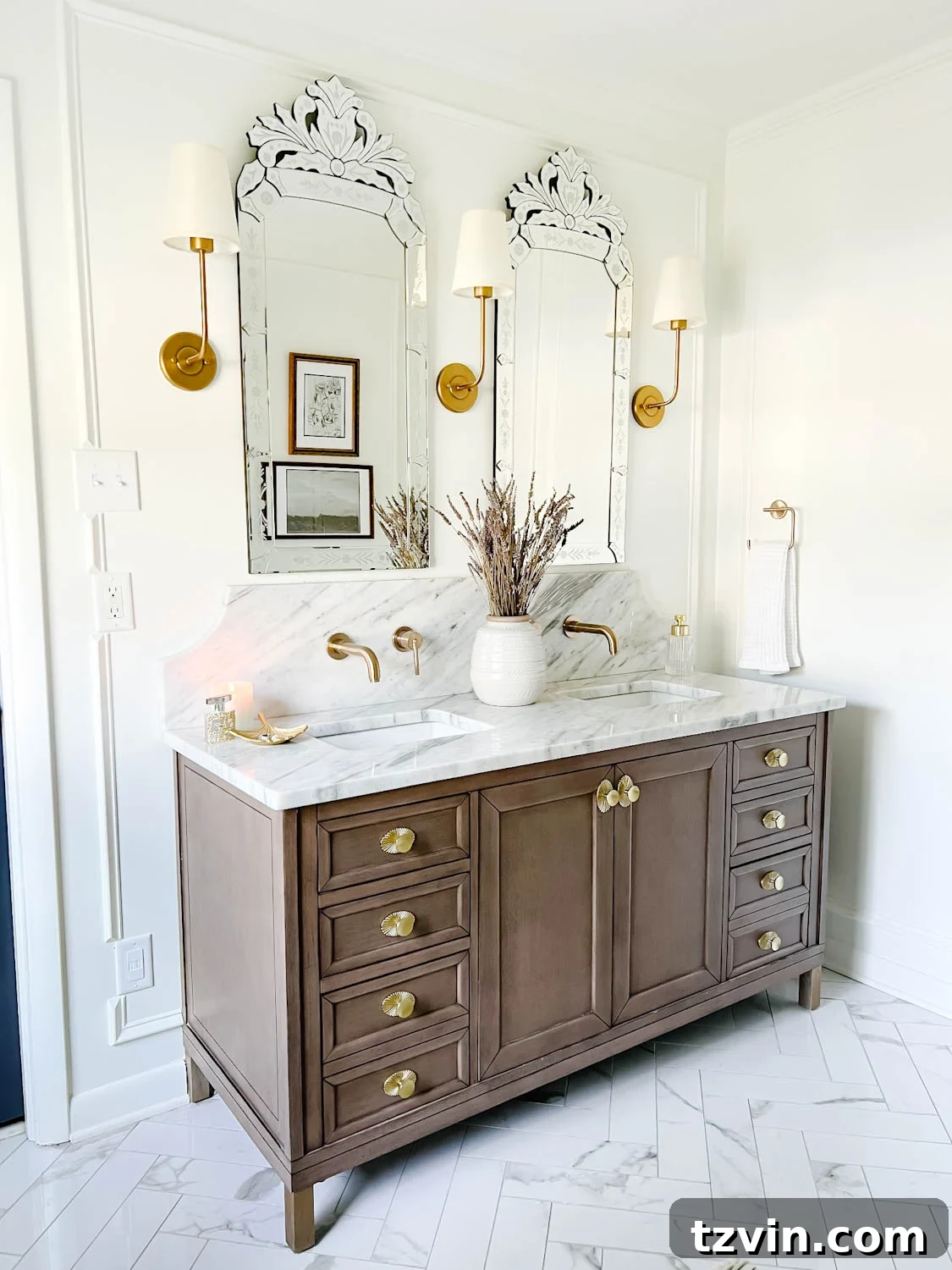 Attainable Luxury: Spa Bathroom Ideas for Every Home 14 wooden bathroom vanity with marble countertop and scalloped backsplash