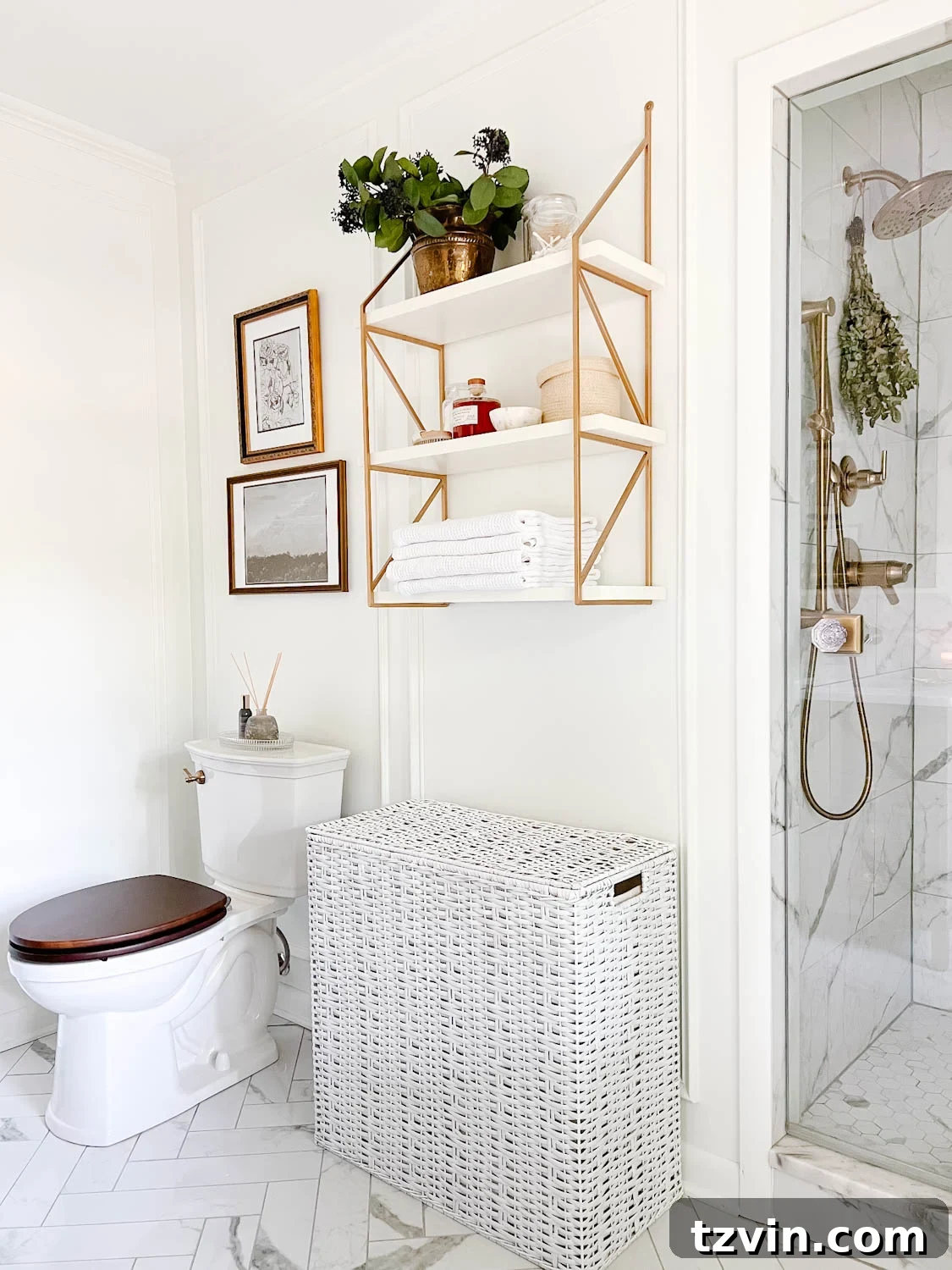 Attainable Luxury: Spa Bathroom Ideas for Every Home 3 spa bathroom shelf with apothecary jars, eucalyptus from the shower head, and waffle weave towels