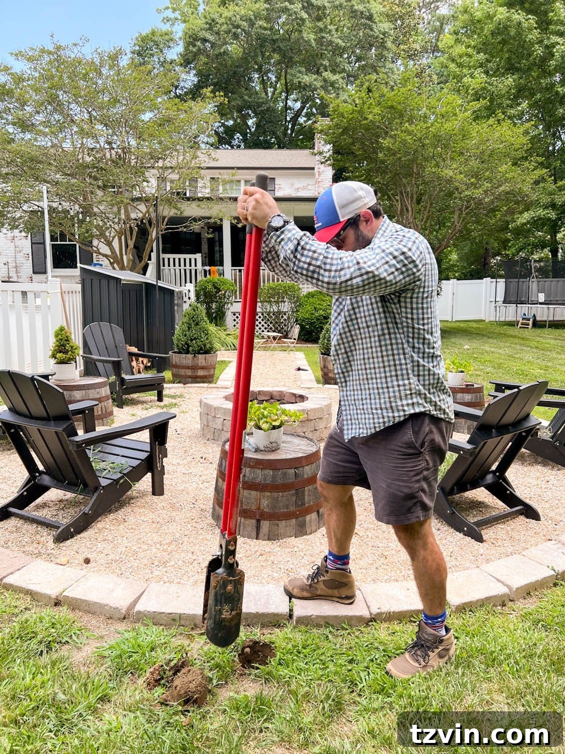 Creative String Light Solutions for Every Backyard Corner 14 using a post hole digger to dig holes for string light poles around a fire pit