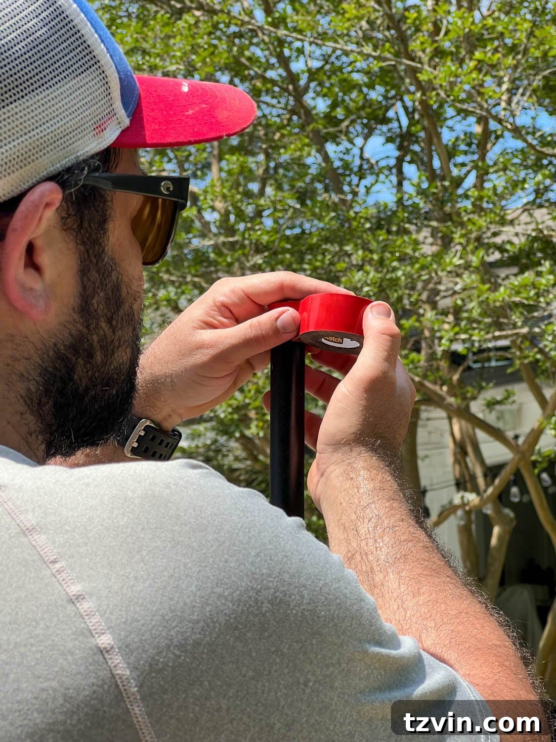 Creative String Light Solutions for Every Backyard Corner 20 attaching squeeze connectors to light poles using mounting tape