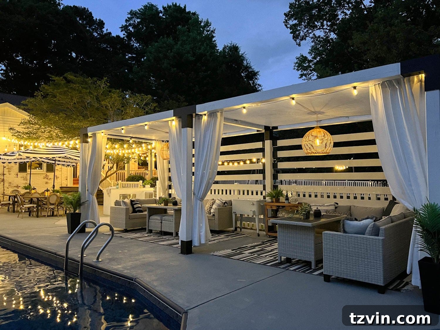 Creative String Light Solutions for Every Backyard Corner 3 backyard string lights around a pool and pergola